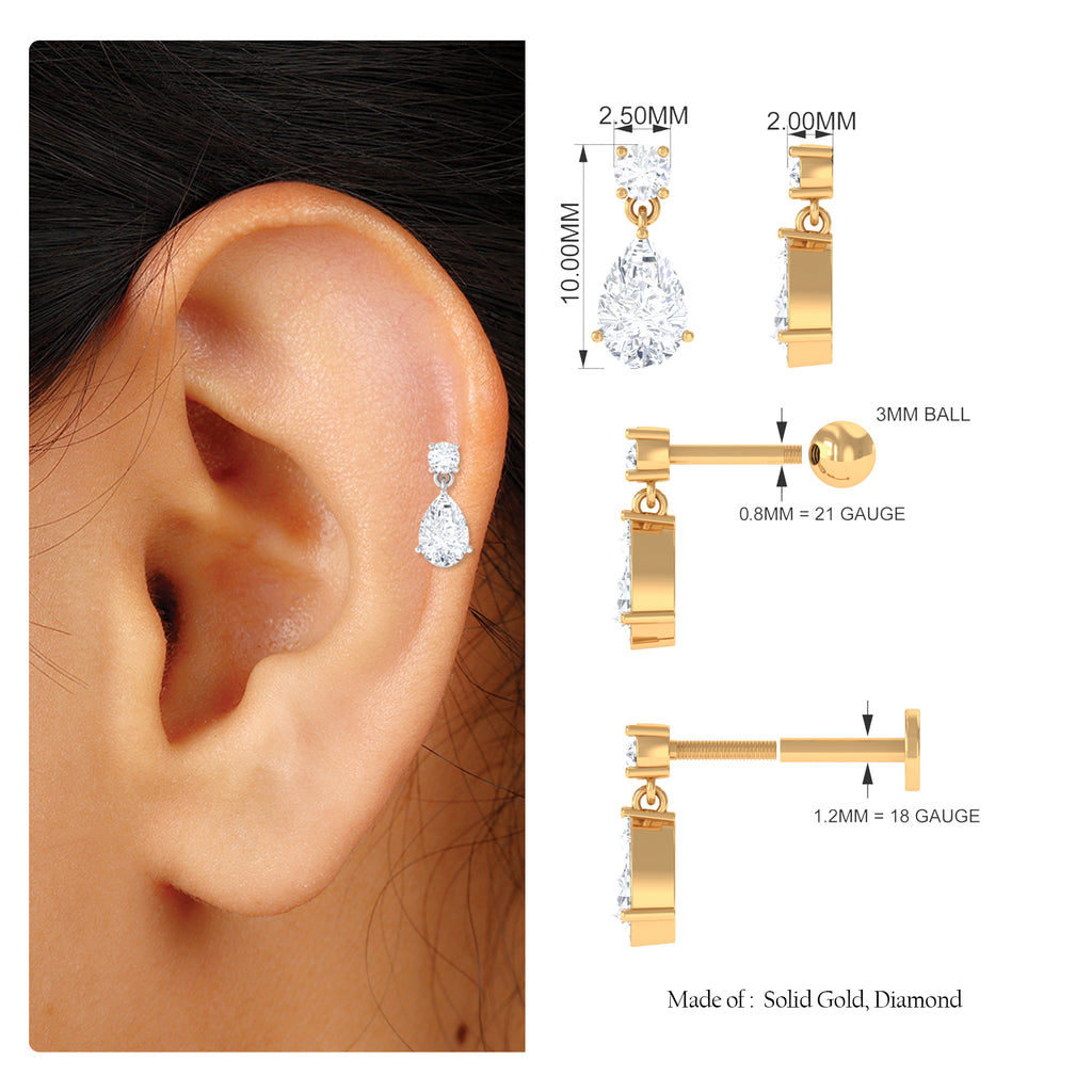 Pear and Round Cut Diamond Stud Drop Helix Earring Diamond - ( HI-SI ) - Color and Clarity - Rosec Jewels