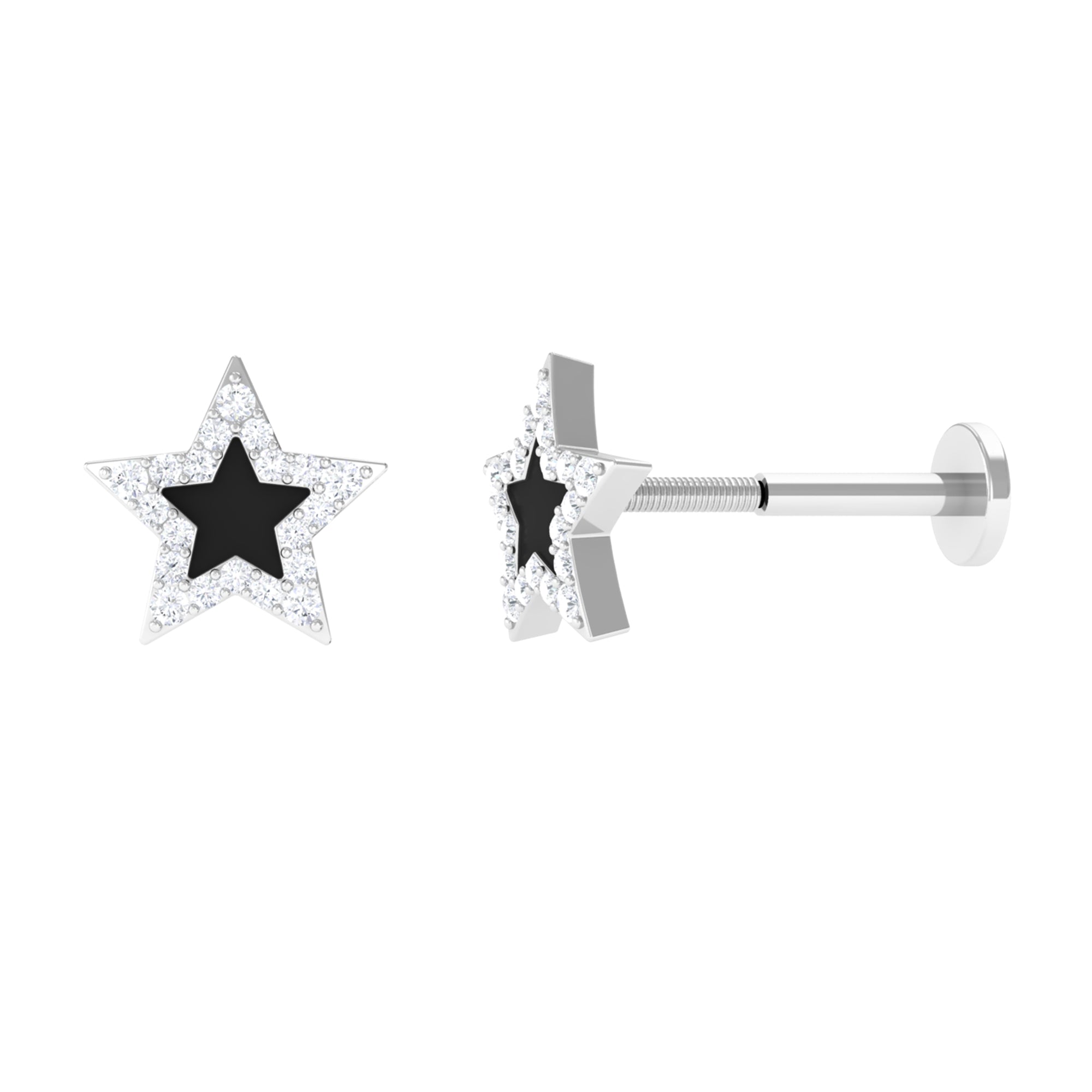 Real Moissanite Star Cartilage Earring with Black Enamel Moissanite - ( D-VS1 ) - Color and Clarity - Rosec Jewels