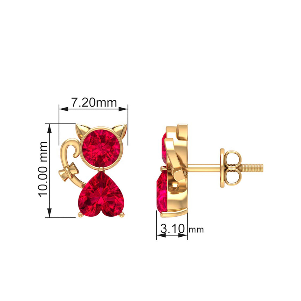2 CT Kitty Stud Earrings with Round and Heart Shape Created Ruby Lab Created Ruby - ( AAAA ) - Quality - Rosec Jewels