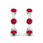 Bezel Set Created Ruby 3 Stone Hinged Hoop Earrings with Diamond Lab Created Ruby - ( AAAA ) - Quality - Rosec Jewels