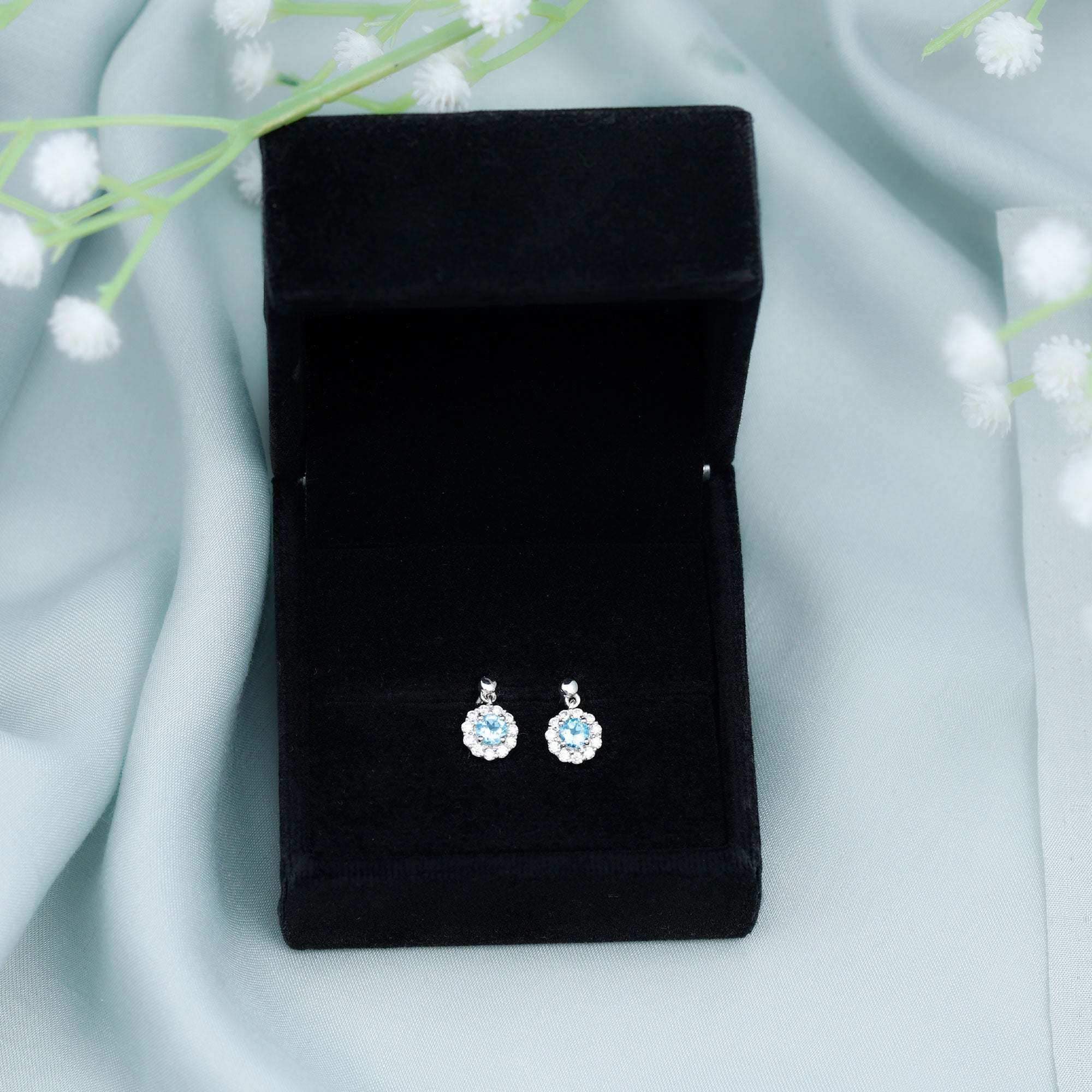 1 CT Real Swiss Blue Topaz and Diamond Flower Halo Drop Earrings Swiss Blue Topaz - ( AAA ) - Quality 92.5 Sterling Silver - Rosec Jewels