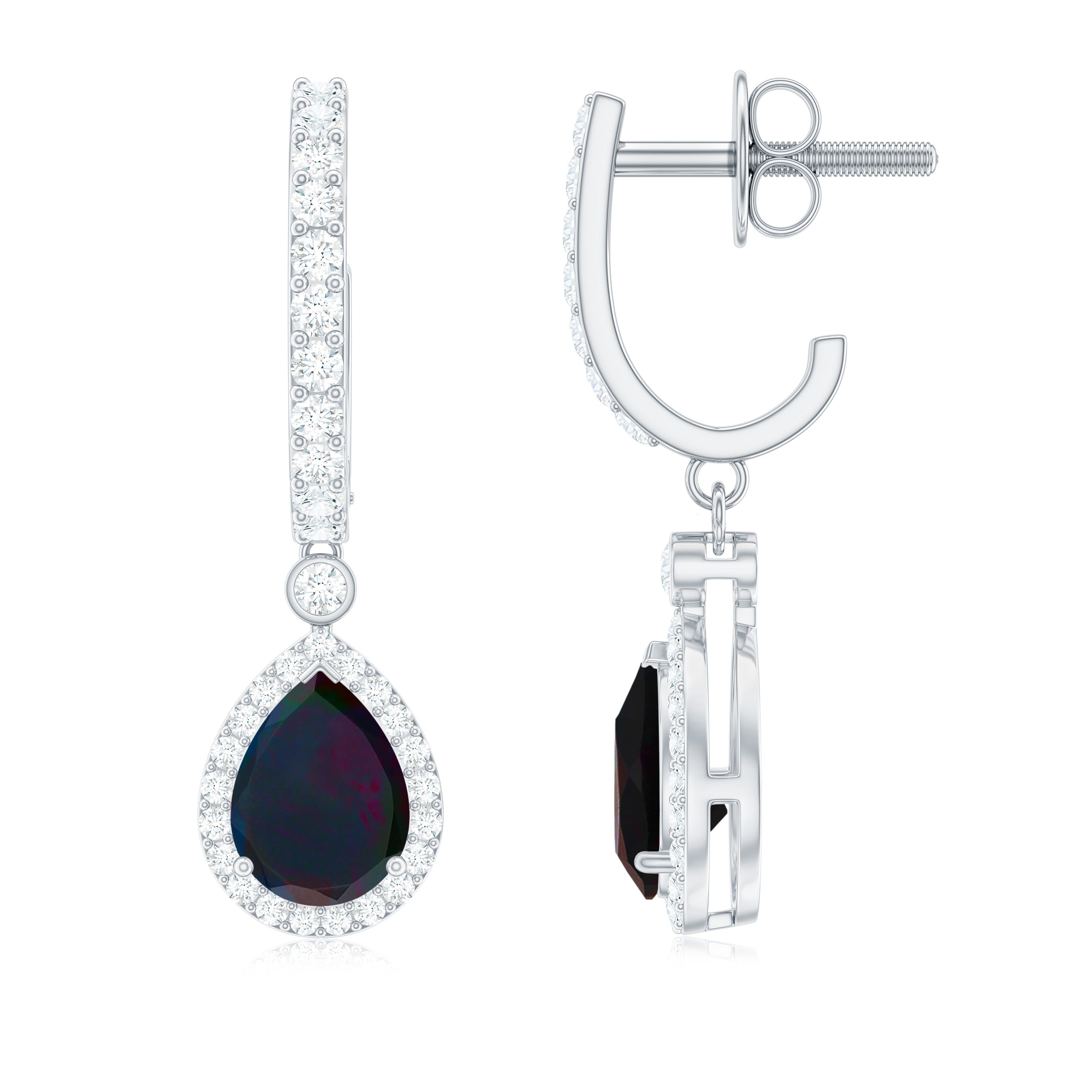 3.25 CT Classic Black Opal and Moissanite Hoop Drop Earrings in Silver - Rosec Jewels