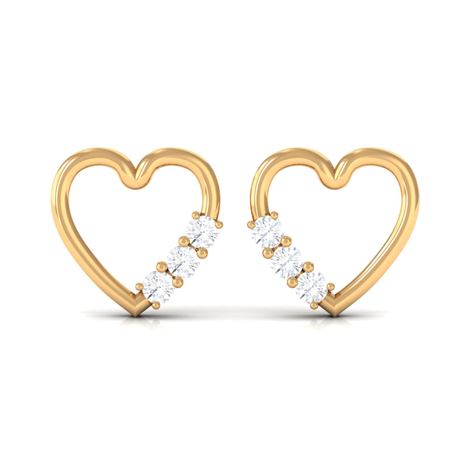 Three Stone Diamond Gold Heart Stud Earring for Women Diamond - ( HI-SI ) - Color and Clarity - Rosec Jewels