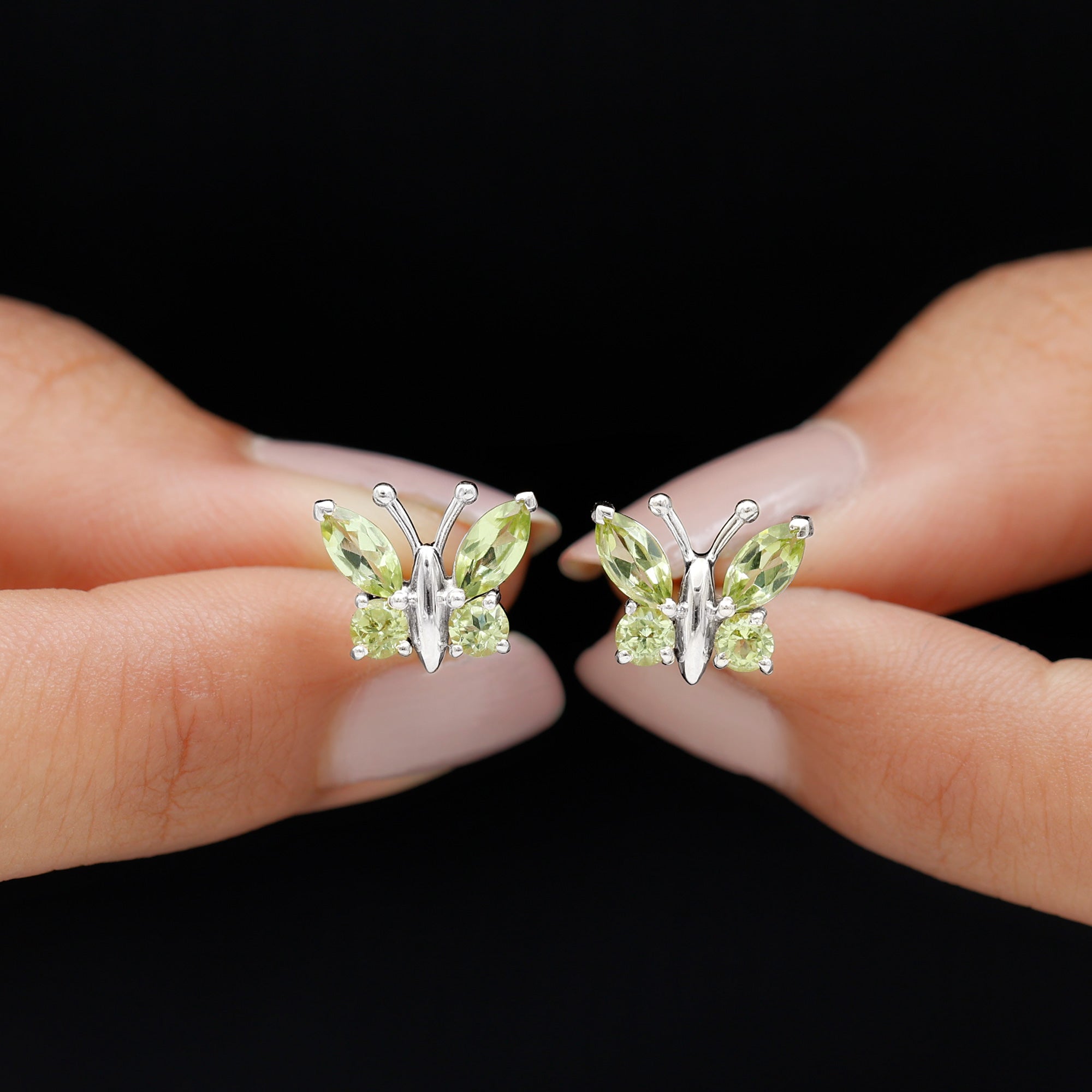 2 CT Butterfly Stud Earrings with Round and Marquise Cut Peridot Peridot - ( AAA ) - Quality - Rosec Jewels