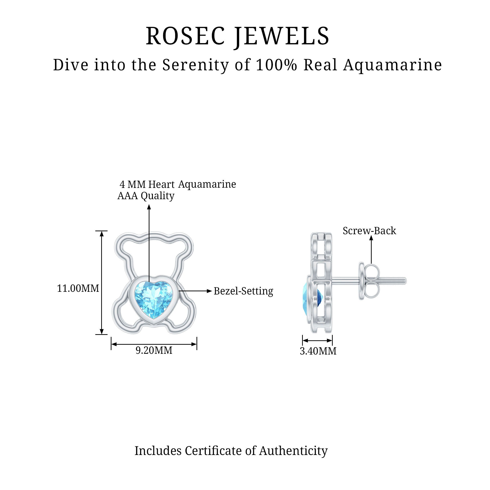 1/2 CT Aquamarine Teddy Bear Stud Earrings Aquamarine - ( AAA ) - Quality - Rosec Jewels