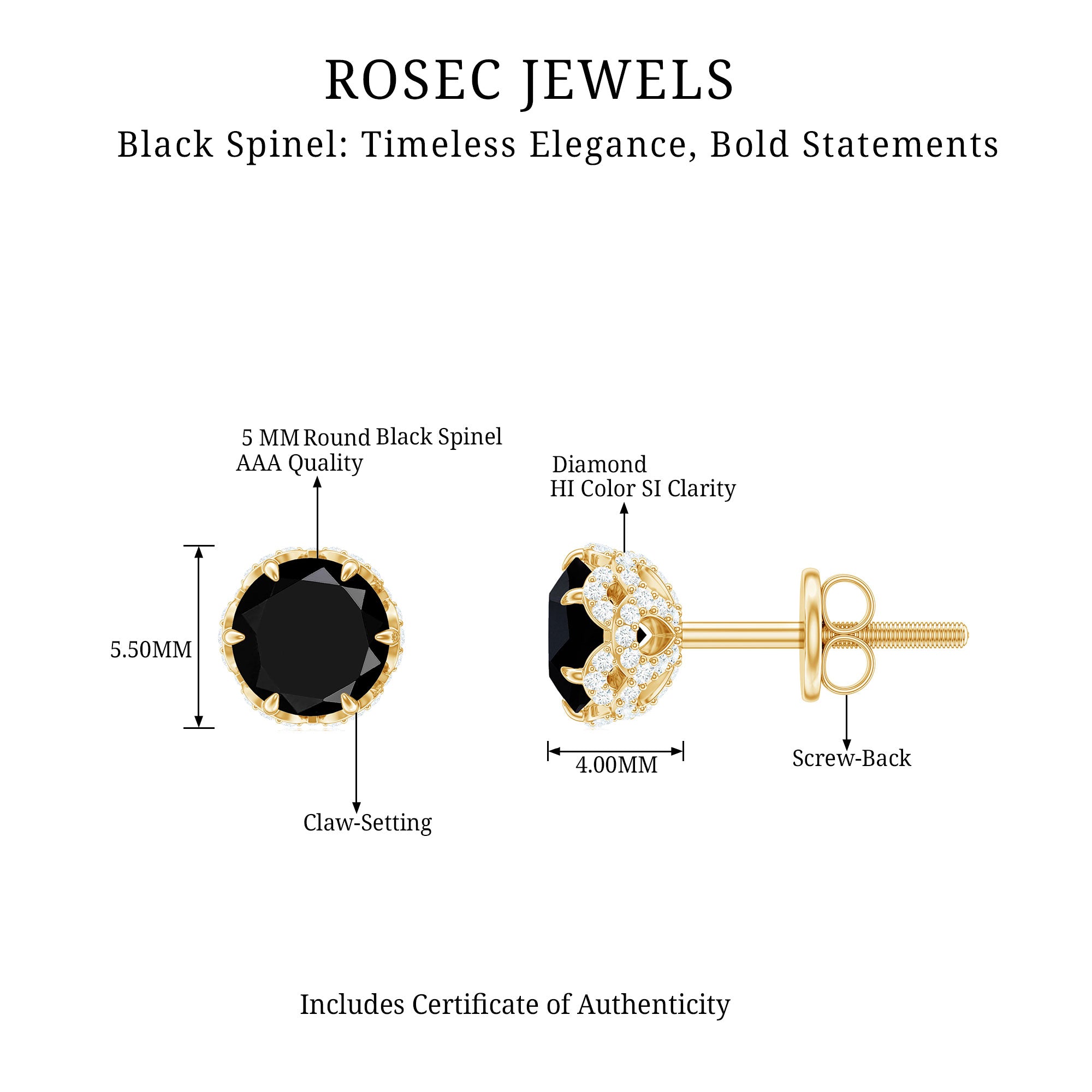 Lotus Basket Set Black Spinel Solitaire Stud Earrings with Diamond Accent Black Spinel - ( AAA ) - Quality - Rosec Jewels
