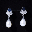 Freshwater Pearl and Blue Sapphire Teardrop Earrings with Moissanite Blue Sapphire - ( AAA ) - Quality - Rosec Jewels