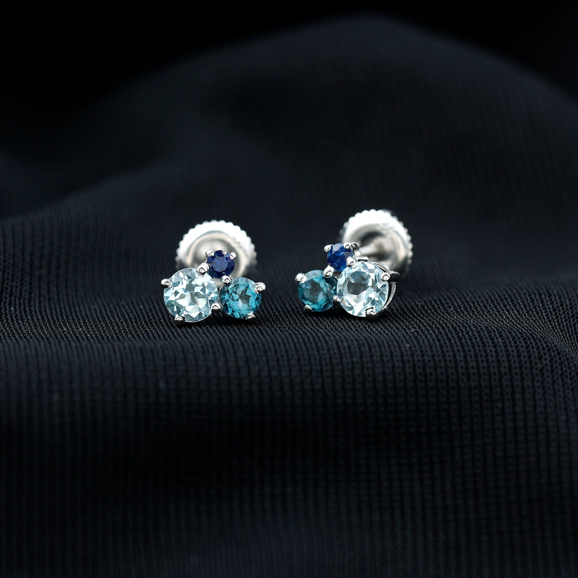 Sky Blue Topaz Three Stone Stud Earrings with London Blue Topaz and Blue Sapphire Blue Sapphire - ( AAA ) - Quality - Rosec Jewels