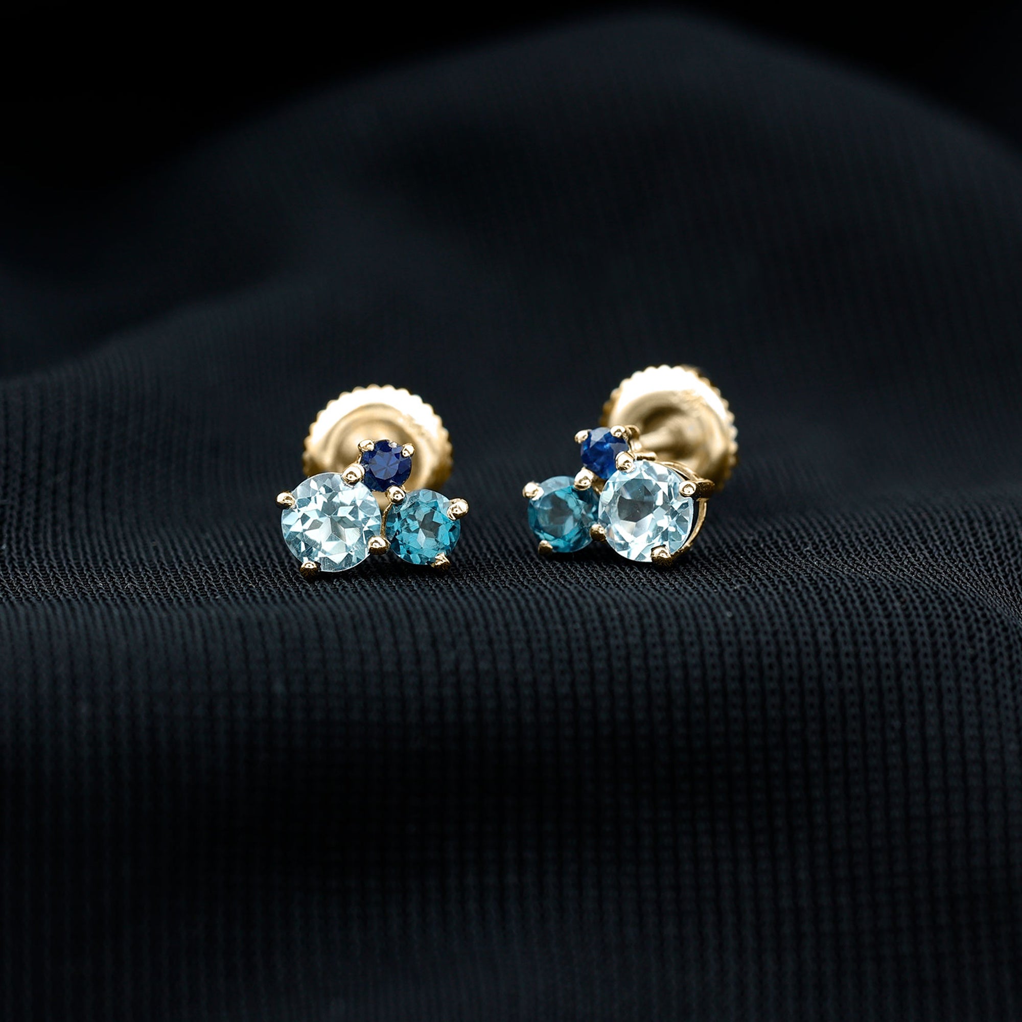 Sky Blue Topaz Three Stone Stud Earrings with London Blue Topaz and Blue Sapphire Blue Sapphire - ( AAA ) - Quality - Rosec Jewels