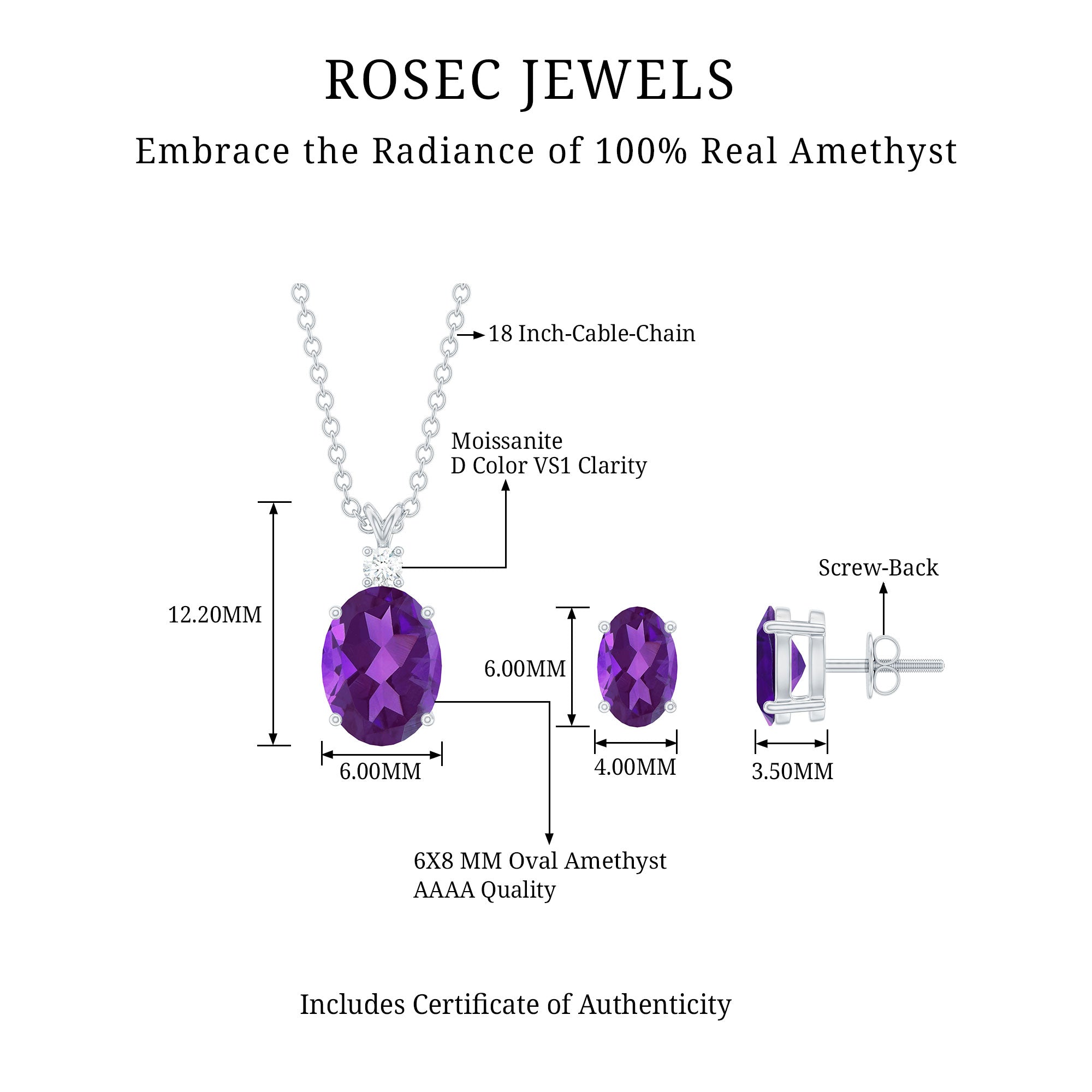 Oval Shape Amethyst Solitaire Jewelry Set with Moissanite Amethyst - ( AAA ) - Quality - Rosec Jewels