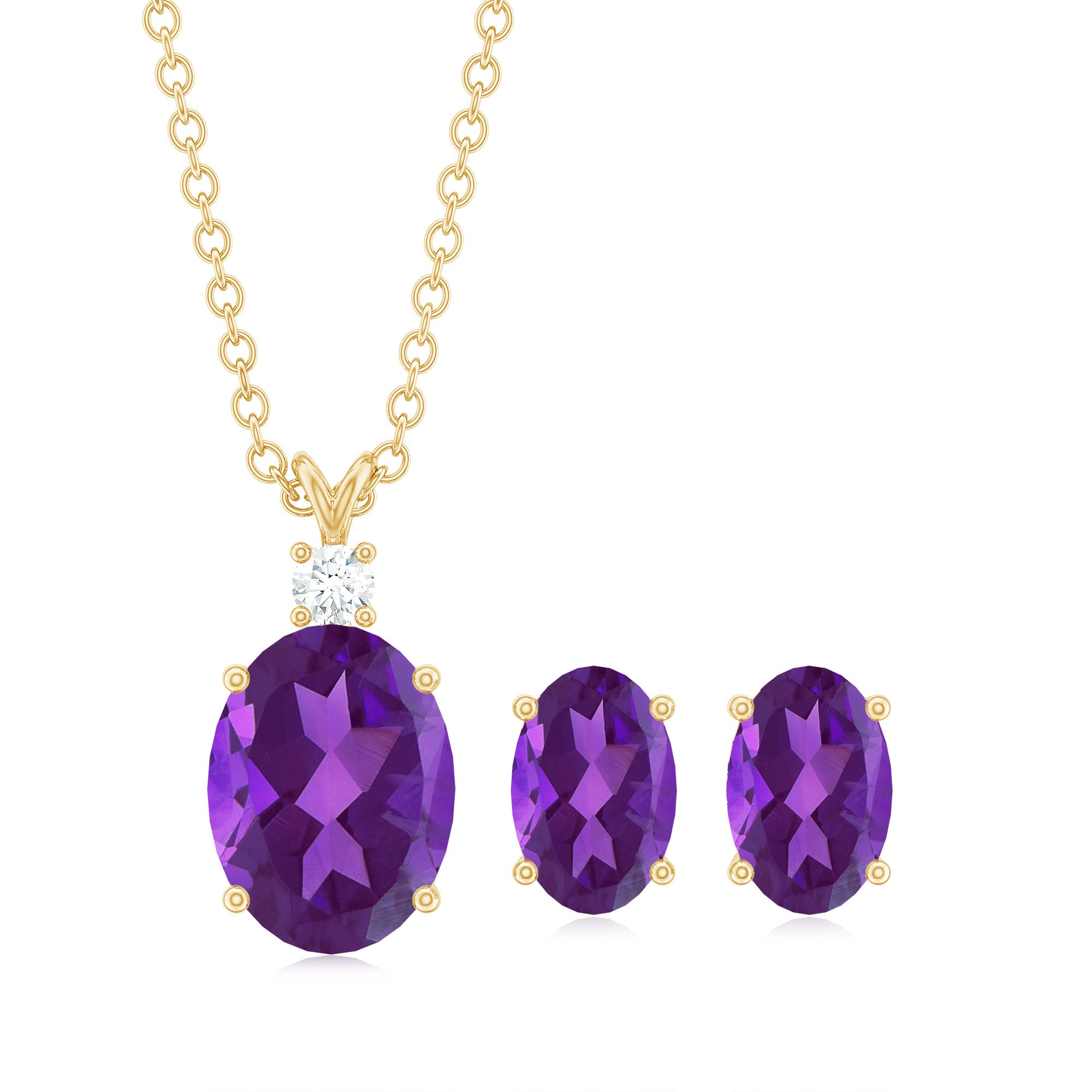Oval Shape Amethyst Solitaire Jewelry Set with Moissanite Amethyst - ( AAA ) - Quality - Rosec Jewels