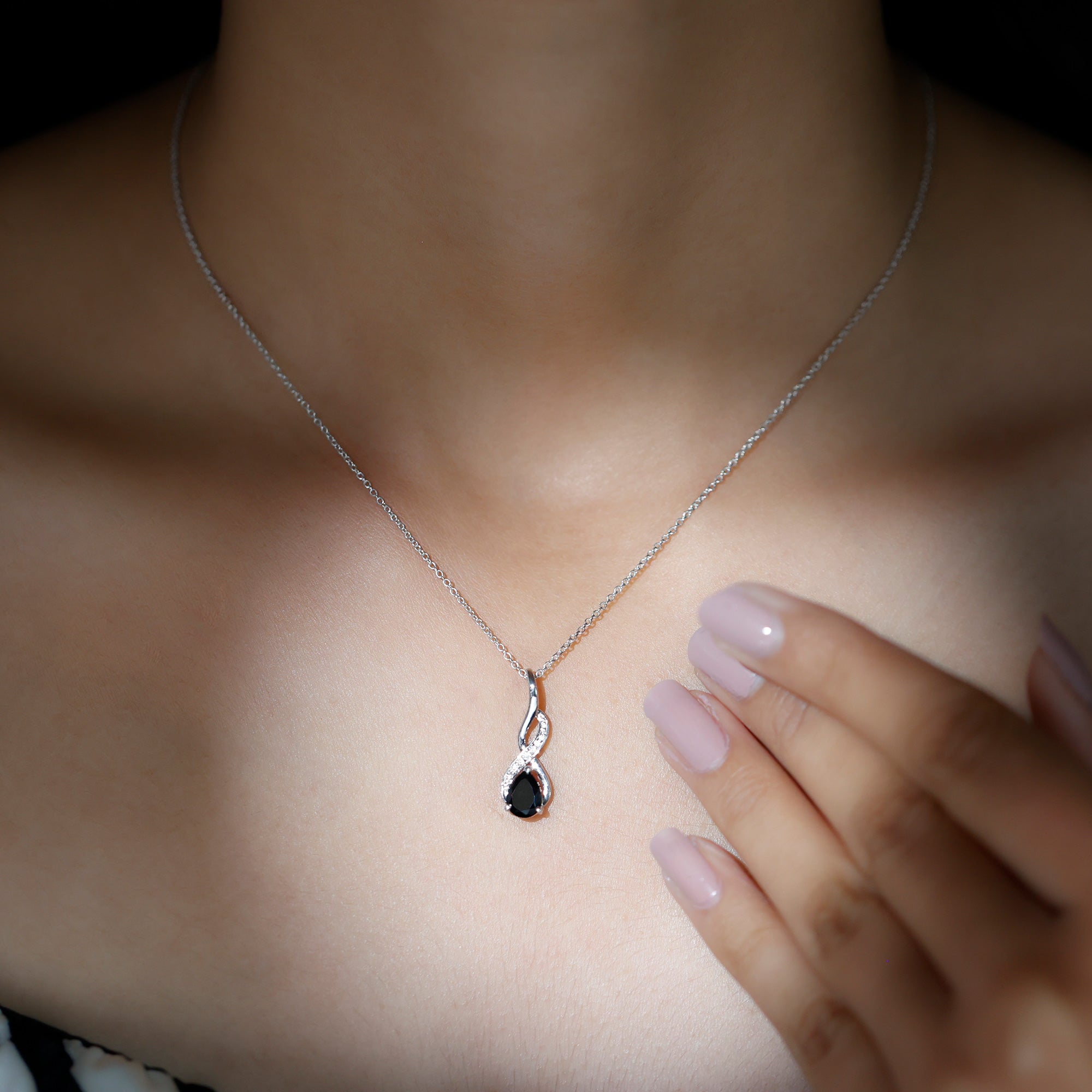 Pear Shape Black Onyx Infinity Pendant Necklace with Moissanite Accent Black Onyx - ( AAA ) - Quality - Rosec Jewels