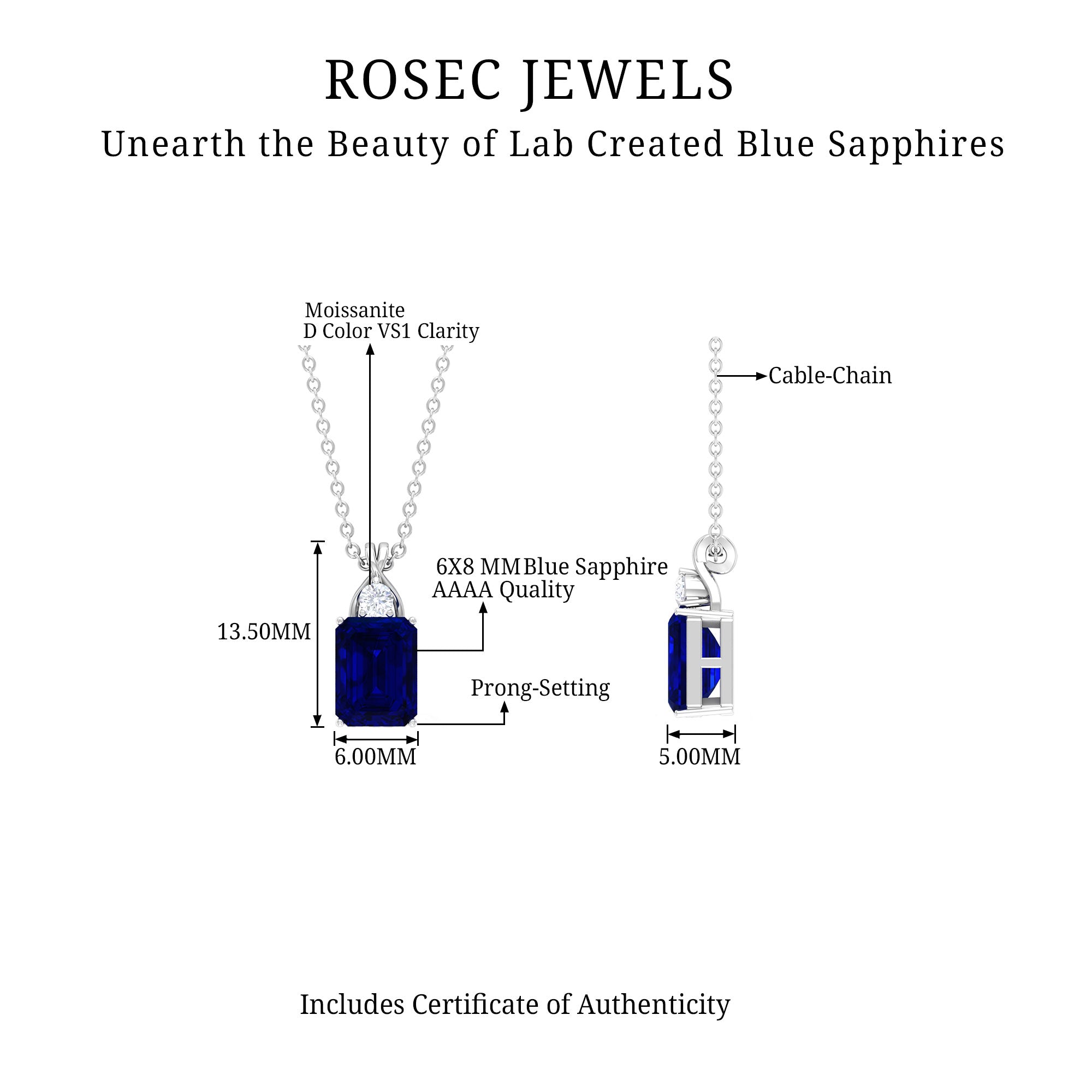 Emerald Cut Created Blue Sapphire Solitaire Silver Pendant with Moissanite - Rosec Jewels