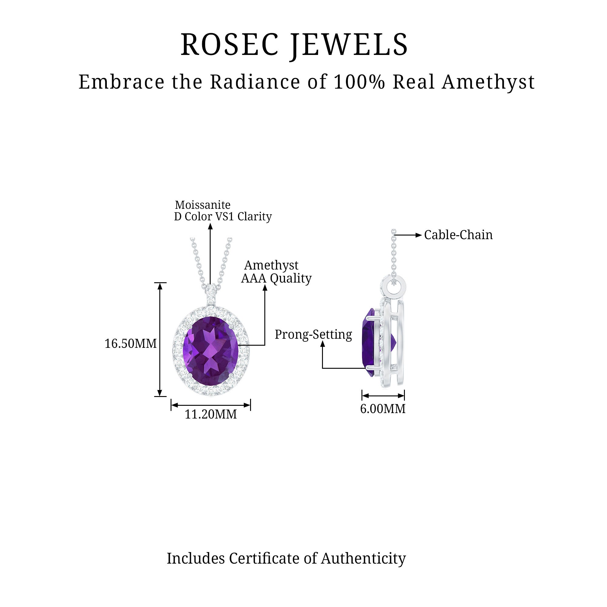 3 CT Certified Amethyst Gold Pendant with Moissanite Halo Amethyst - ( AAA ) - Quality - Rosec Jewels