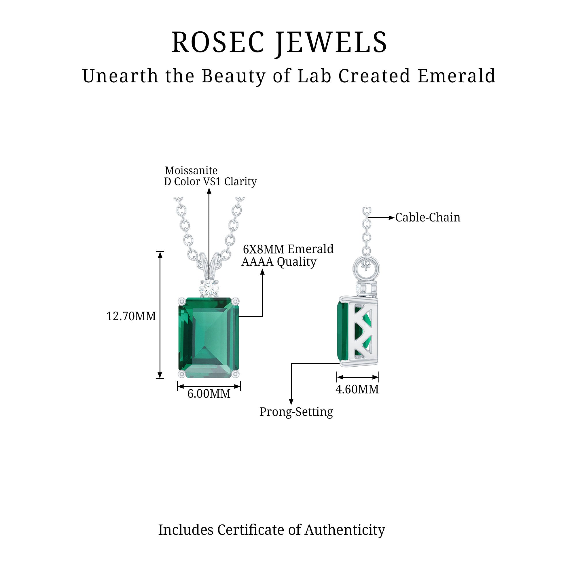 Octagon Cut Created Emerald Silver Solitaire Pendant with Dainty Moissanite - Rosec Jewels