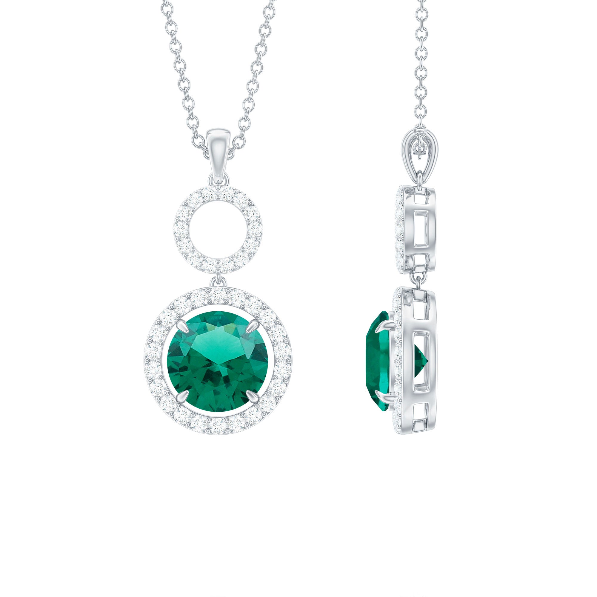 2.75 CT Certified Lab Created Emerald Silver Dangle Necklace with Zircon Lab Created Emerald - ( AAAA ) - Quality 92.5 Sterling Silver - Rosec Jewels