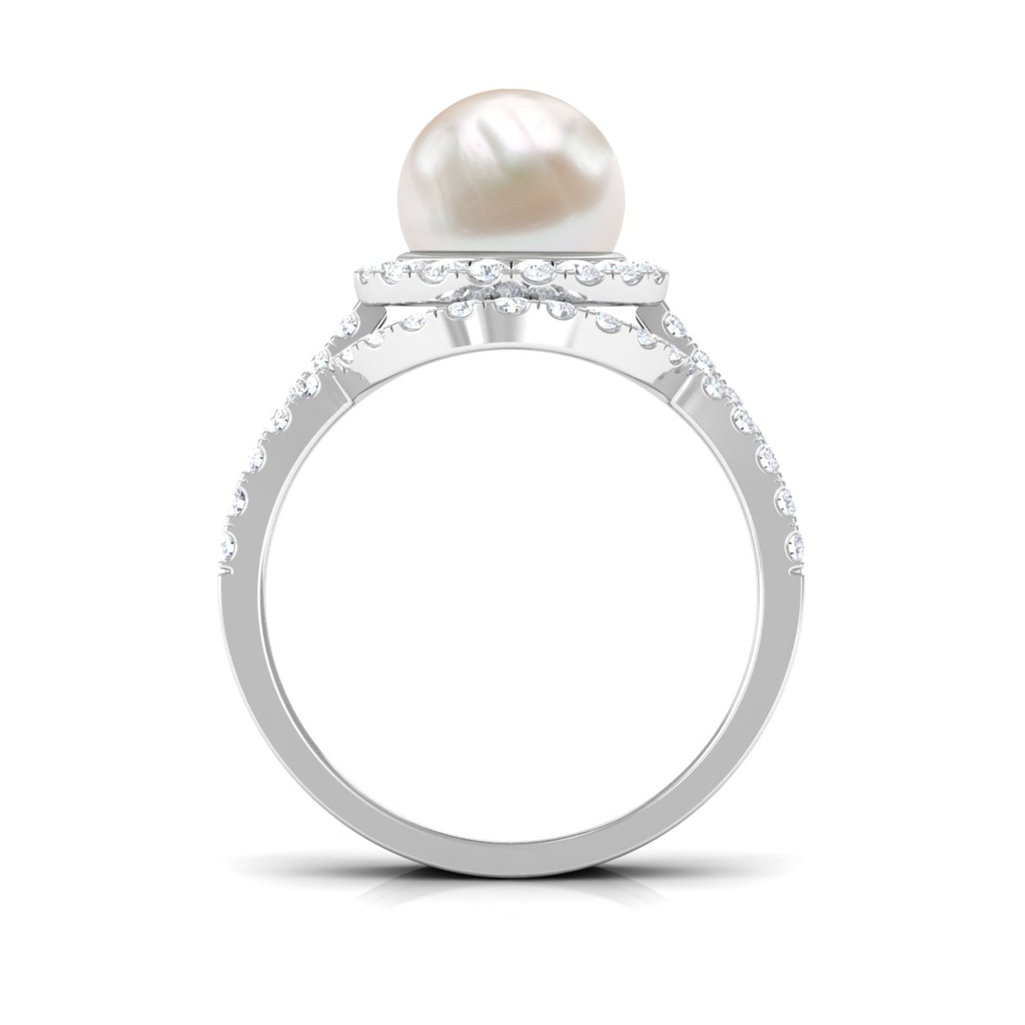 Freshwater Pearl and Diamond Halo Wedding Ring Set Freshwater Pearl - ( AAA ) - Quality - Rosec Jewels