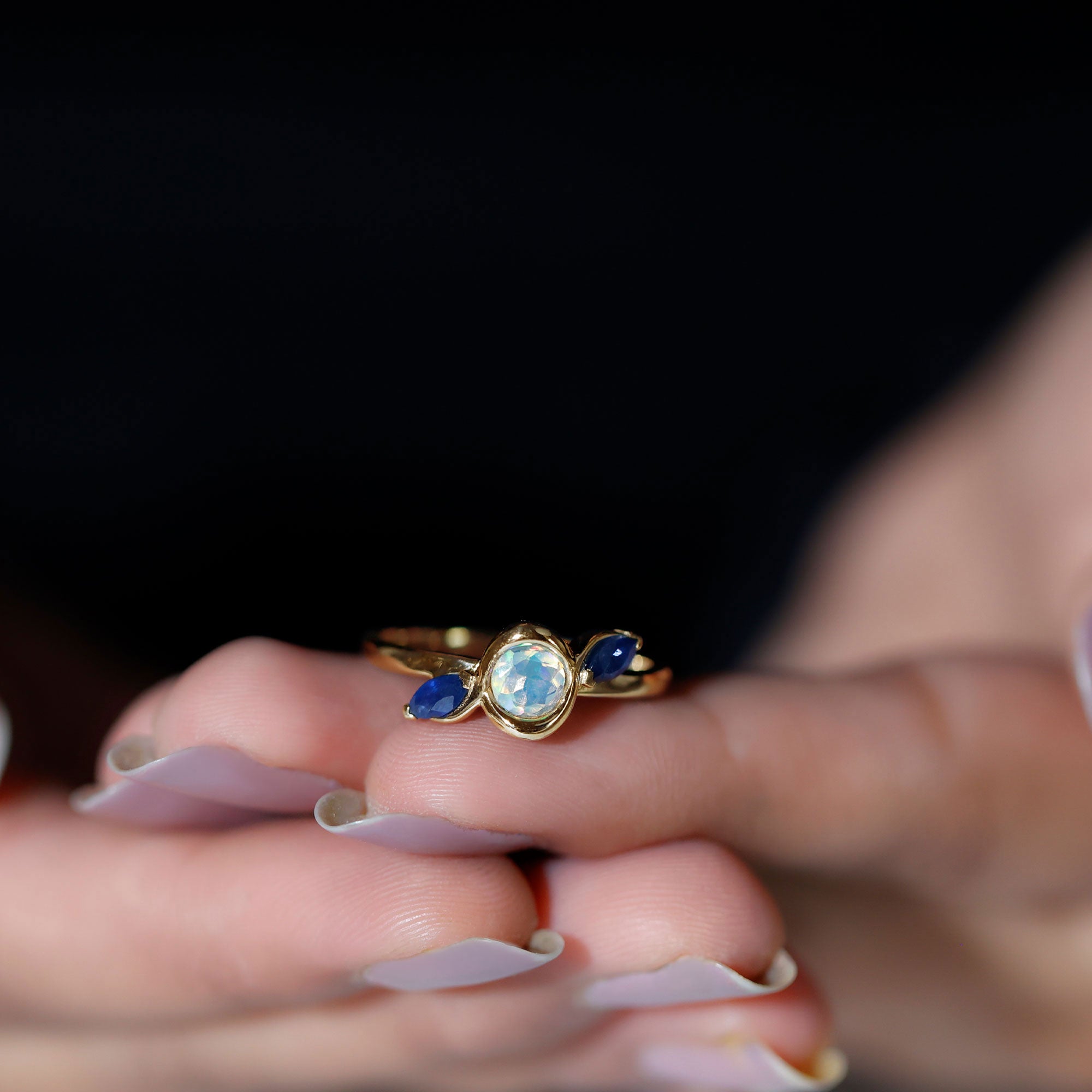Solitaire Ethiopian Opal Minimal Promise Ring with Blue Sapphire Ethiopian Opal - ( AAA ) - Quality - Rosec Jewels