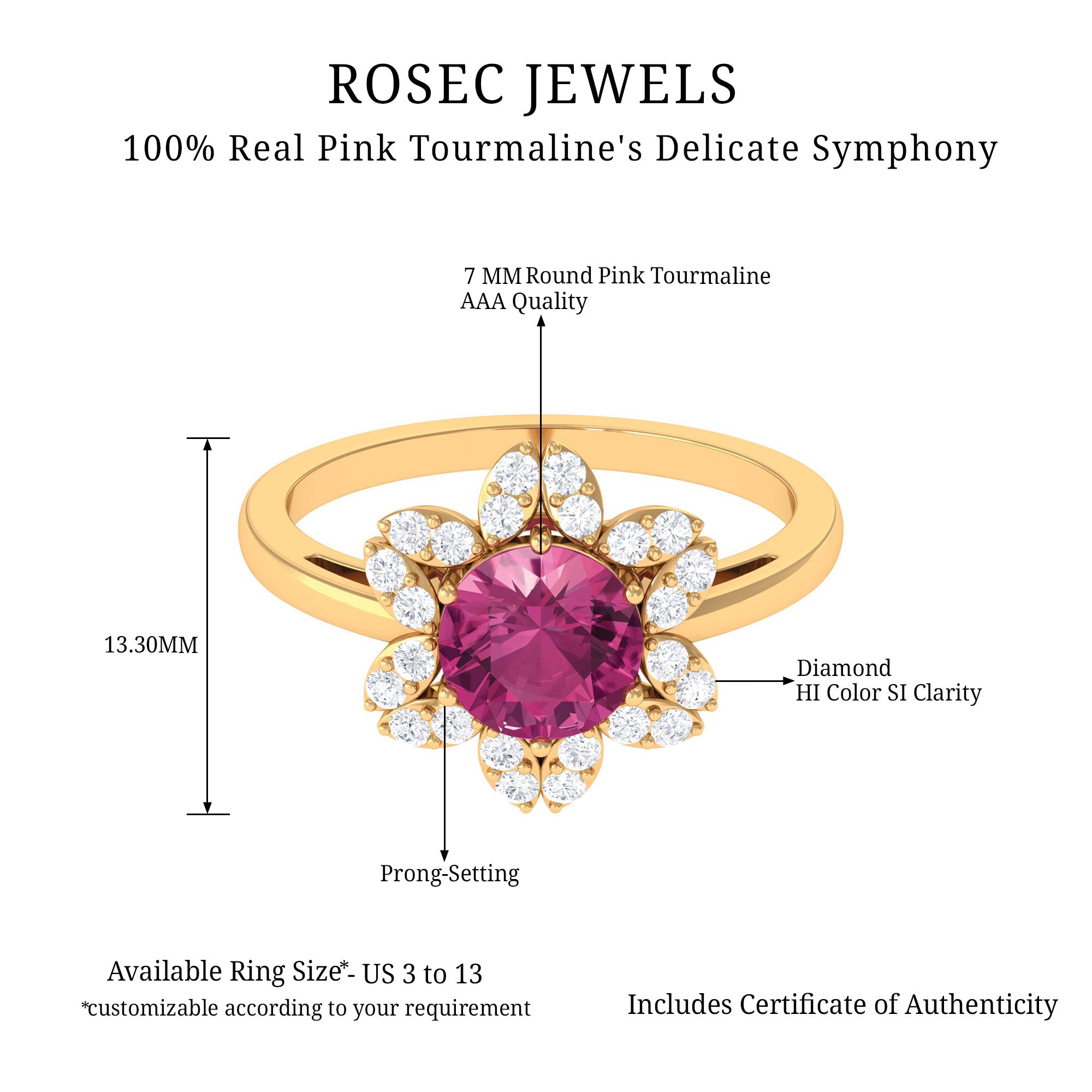 Real Pink Tourmaline Flower Halo Ring with Diamond Pink Tourmaline - ( AAA ) - Quality - Rosec Jewels