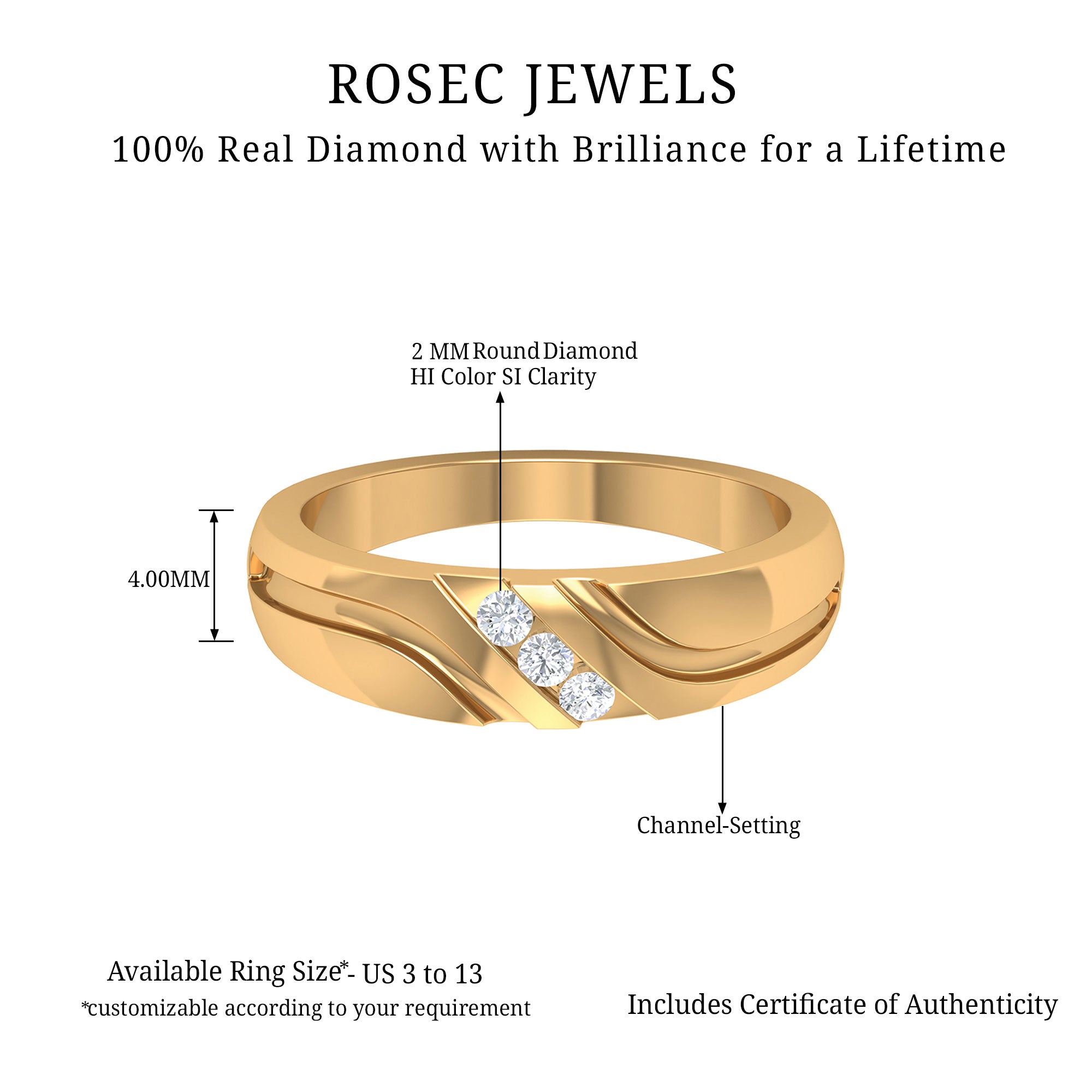 Gypsy Set Diamond Three Stone Band Ring for Men Diamond - ( HI-SI ) - Color and Clarity - Rosec Jewels