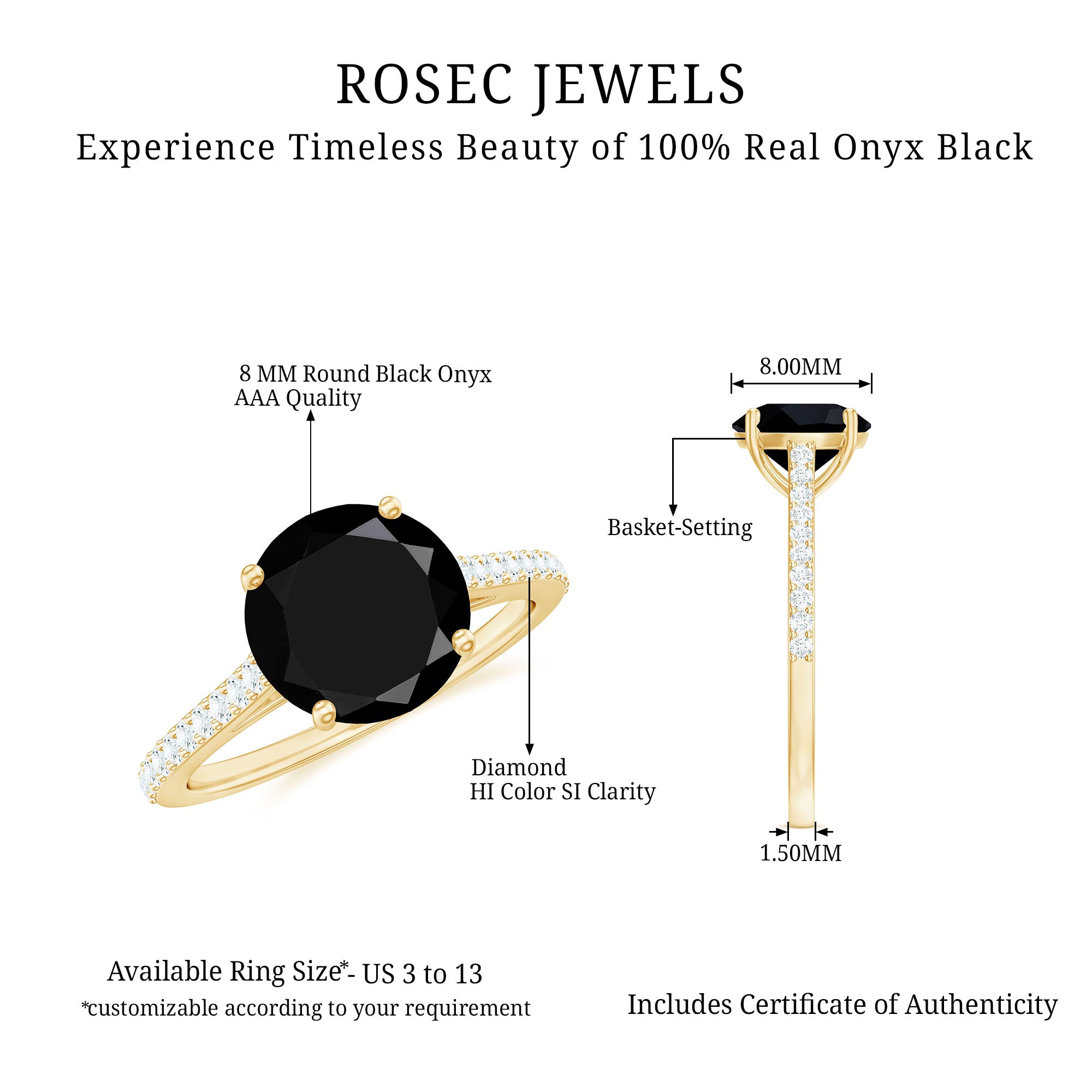 Real Black Onyx Solitaire Engagement Ring with Diamond Black Onyx - ( AAA ) - Quality - Rosec Jewels