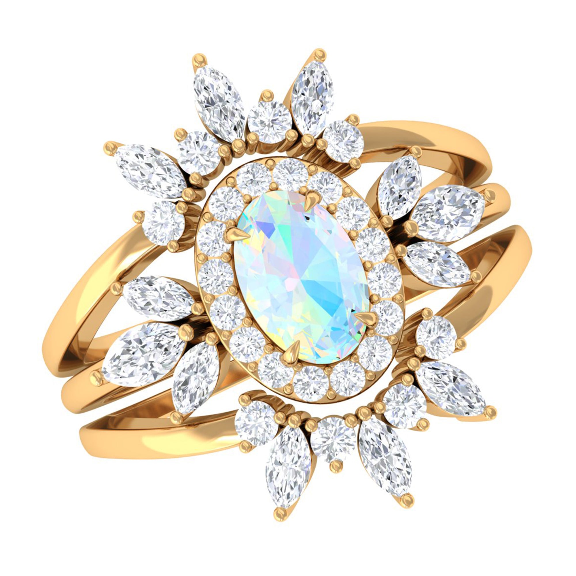 Trio Wedding Ring Set with Oval Ethiopian Opal and Moissanite Ethiopian Opal - ( AAA ) - Quality - Rosec Jewels