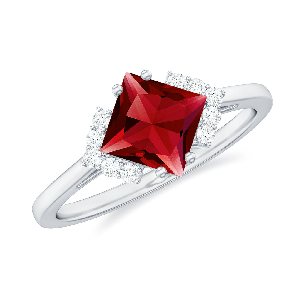 1.75 CT Princess Cut Lab Grown Ruby Engagement Ring with Diamond Lab Created Ruby - ( AAAA ) - Quality - Rosec Jewels
