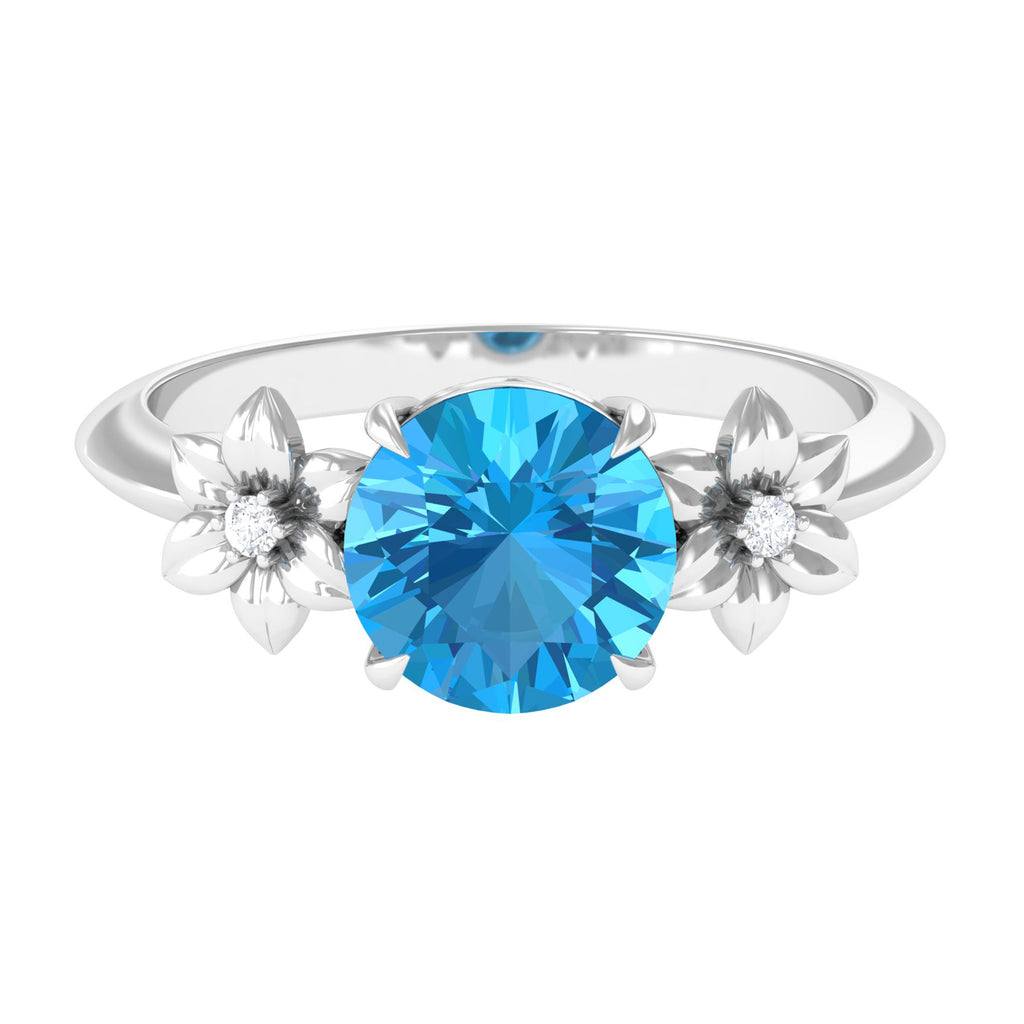2 CT Round Swiss Blue Topaz Solitaire Flower Engagement Ring with Diamond Swiss Blue Topaz - ( AAA ) - Quality - Rosec Jewels
