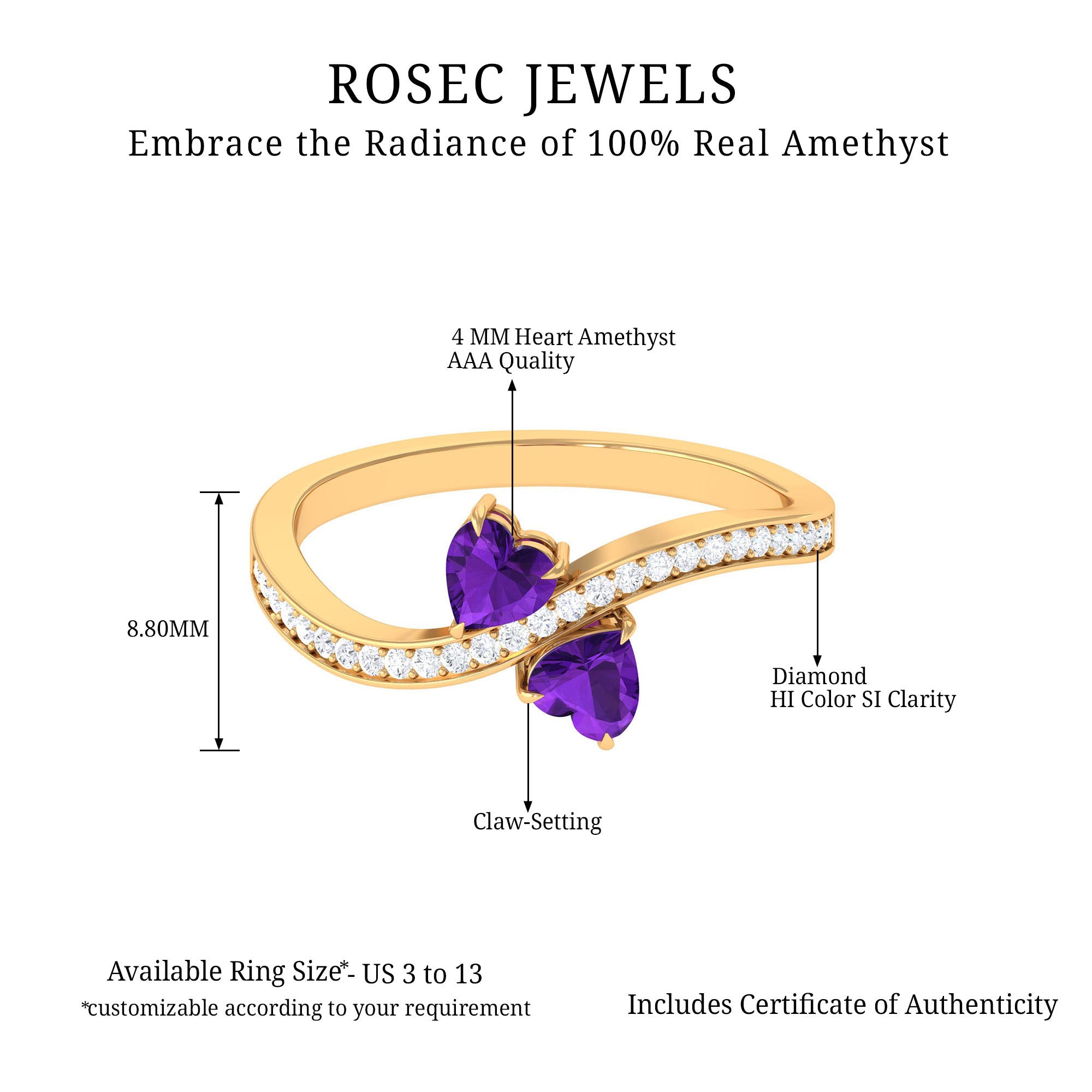 3/4 CT Heart Shape Amethyst Two Stone Engagement Ring with Diamond Amethyst - ( AAA ) - Quality - Rosec Jewels