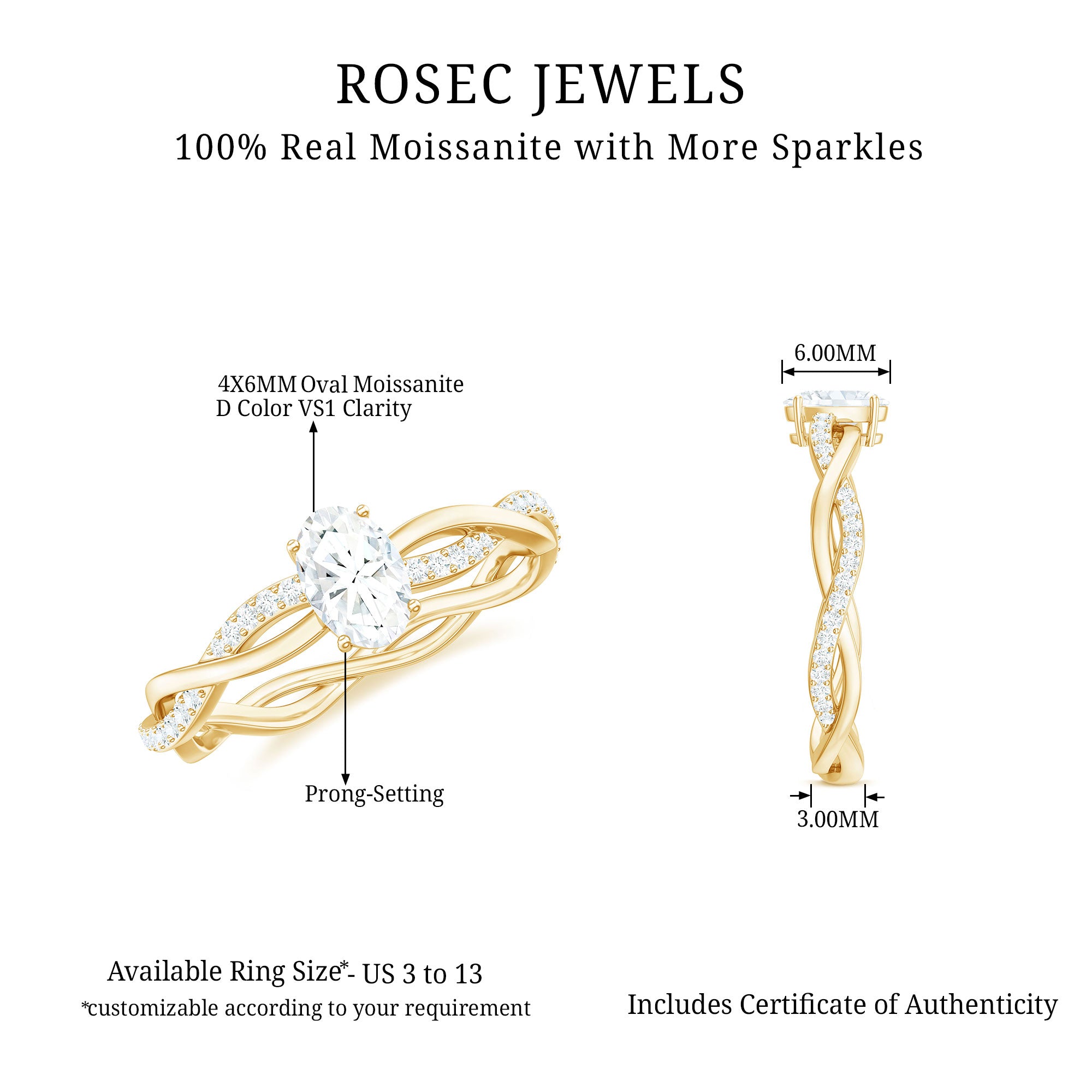 Oval Cut Moissanite Solitaire Braided Promise Ring Moissanite - ( D-VS1 ) - Color and Clarity - Rosec Jewels