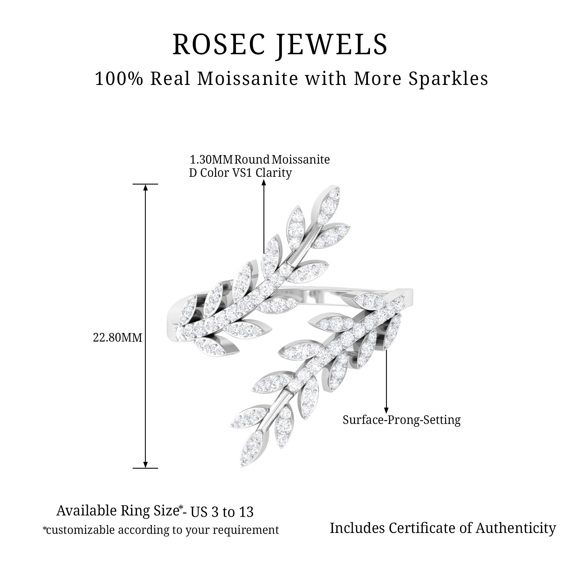 0.75 CT Certified Moissanite Leaf Wrap Ring in Gold Moissanite - ( D-VS1 ) - Color and Clarity - Rosec Jewels