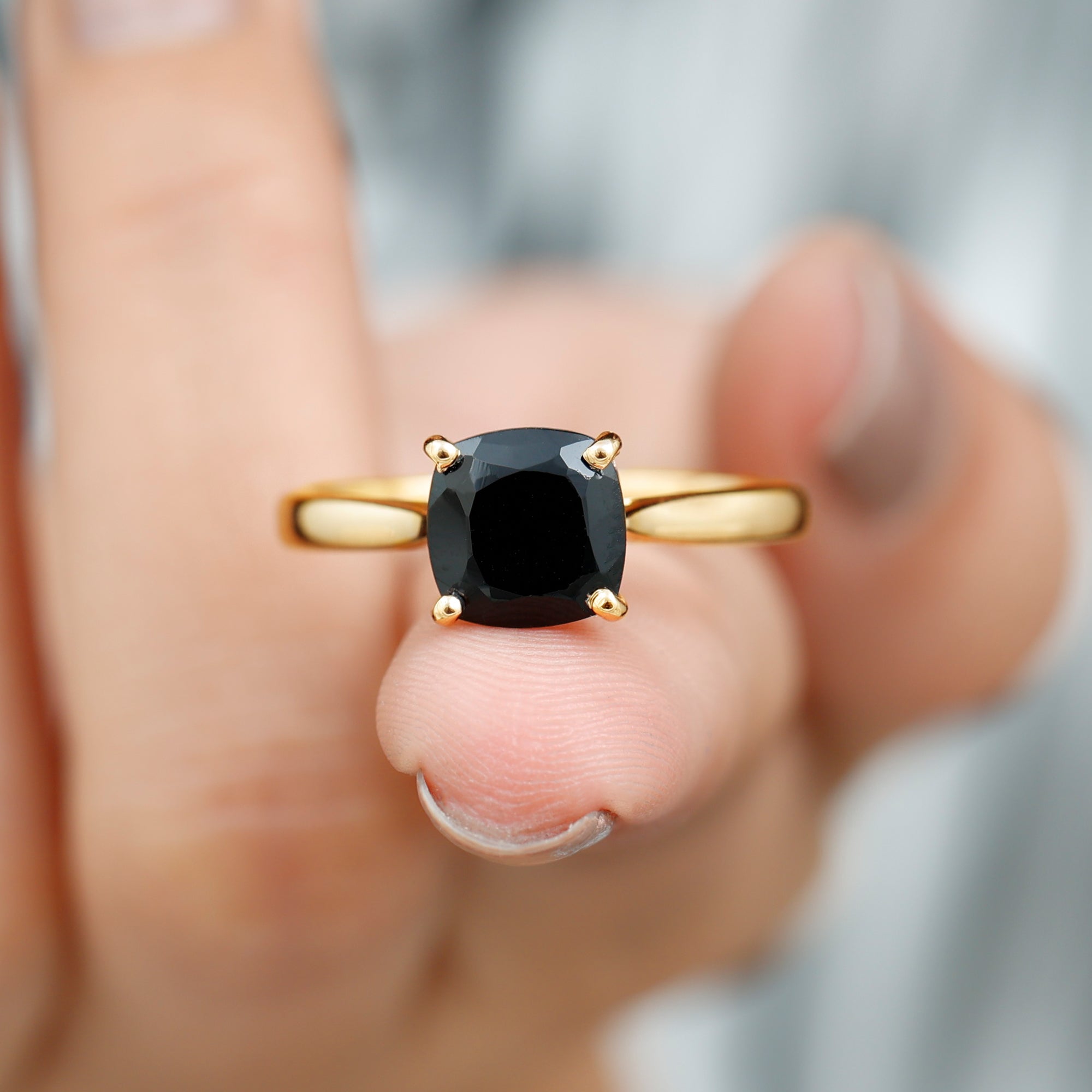 Cushion Cut Black Spinel Solitaire Ring with Surprise Diamond Black Spinel - ( AAA ) - Quality - Rosec Jewels