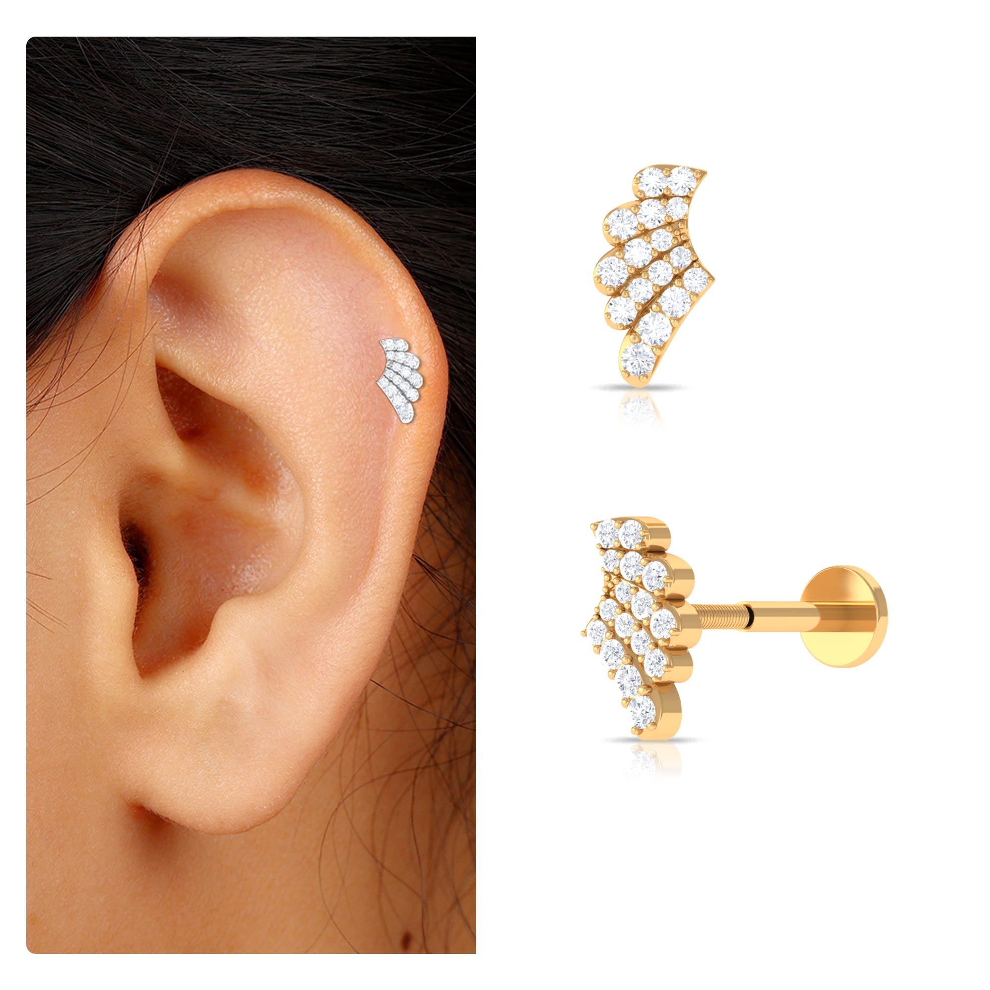 Unique Moissanite Gold Wing Earring for Upper Lobe Piercing Moissanite - ( D-VS1 ) - Color and Clarity - Rosec Jewels
