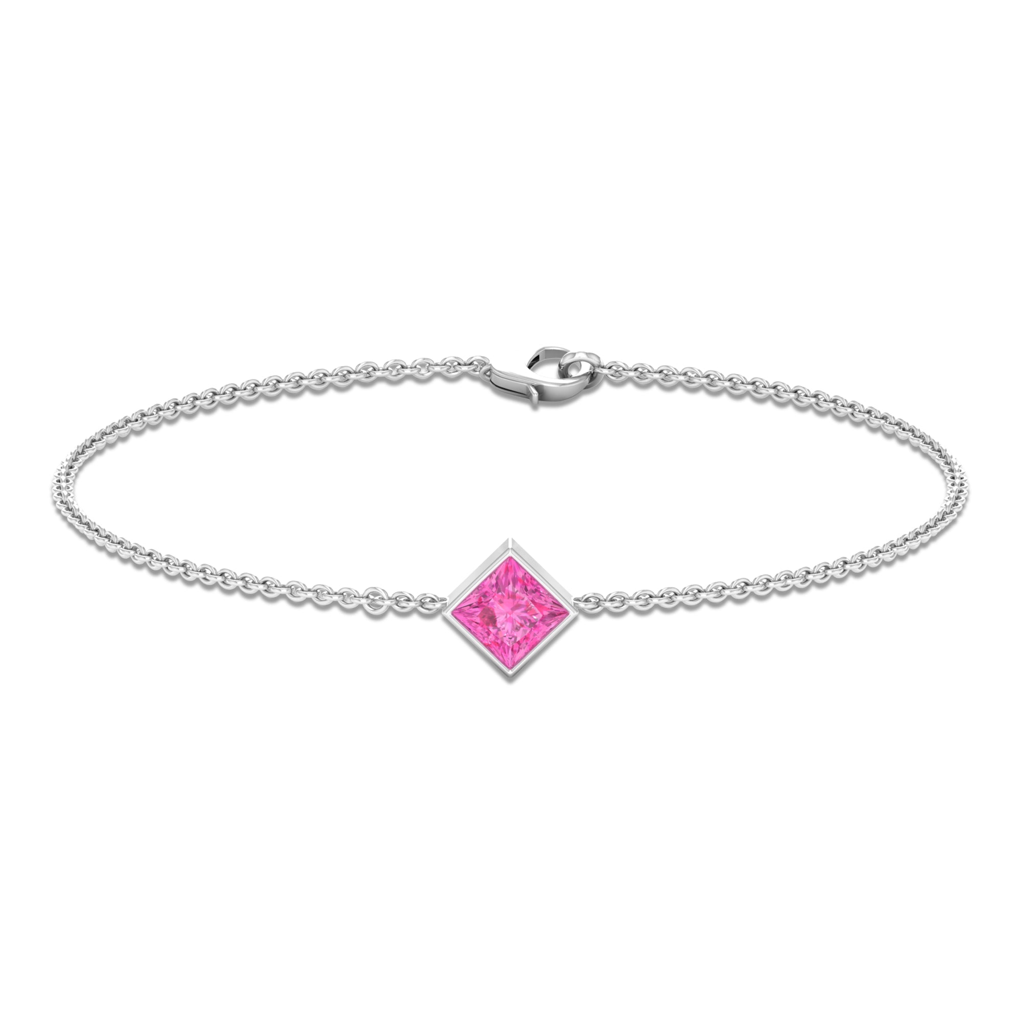 Princess Cut Pink Sapphire Solitaire Chain Bracelet Pink Sapphire - ( AAA ) - Quality - Rosec Jewels