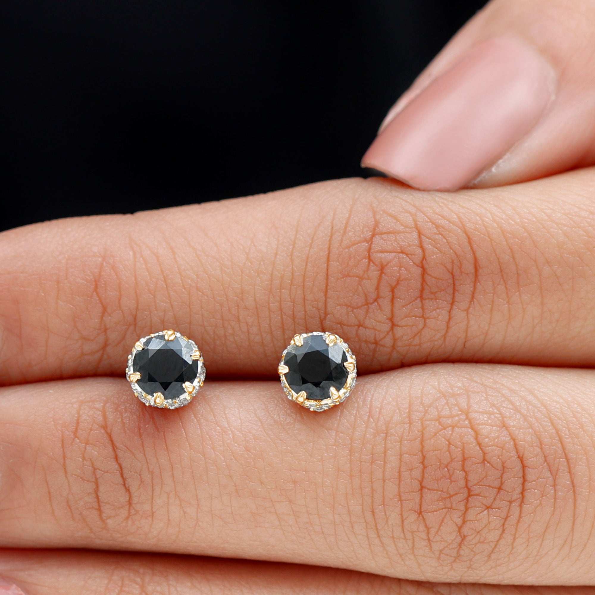 5 MM Black Diamond Solitaire and Diamond Flower Stud Earrings Black Diamond - ( AAA ) - Quality - Rosec Jewels