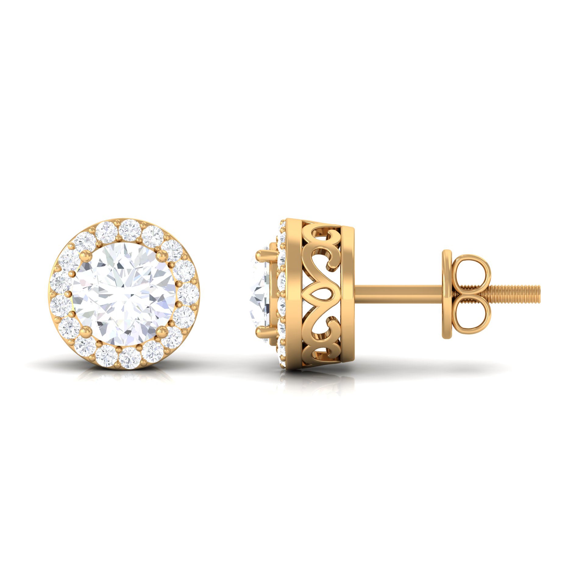 3 CT Certified Moissanite Minimal Stud Earrings with Halo in Gold Moissanite - ( D-VS1 ) - Color and Clarity - Rosec Jewels