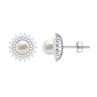 Freshwater Pearl Statement Stud Earrings with Diamond Double Halo Freshwater Pearl - ( AAA ) - Quality - Rosec Jewels
