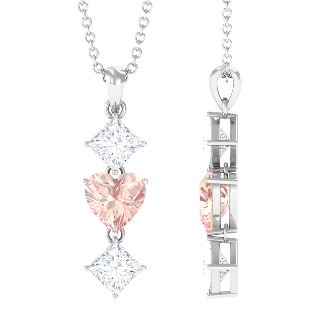 Heart Shape Morganite Dangle Pendant Necklace with Moissanite Morganite - ( AAA ) - Quality - Rosec Jewels