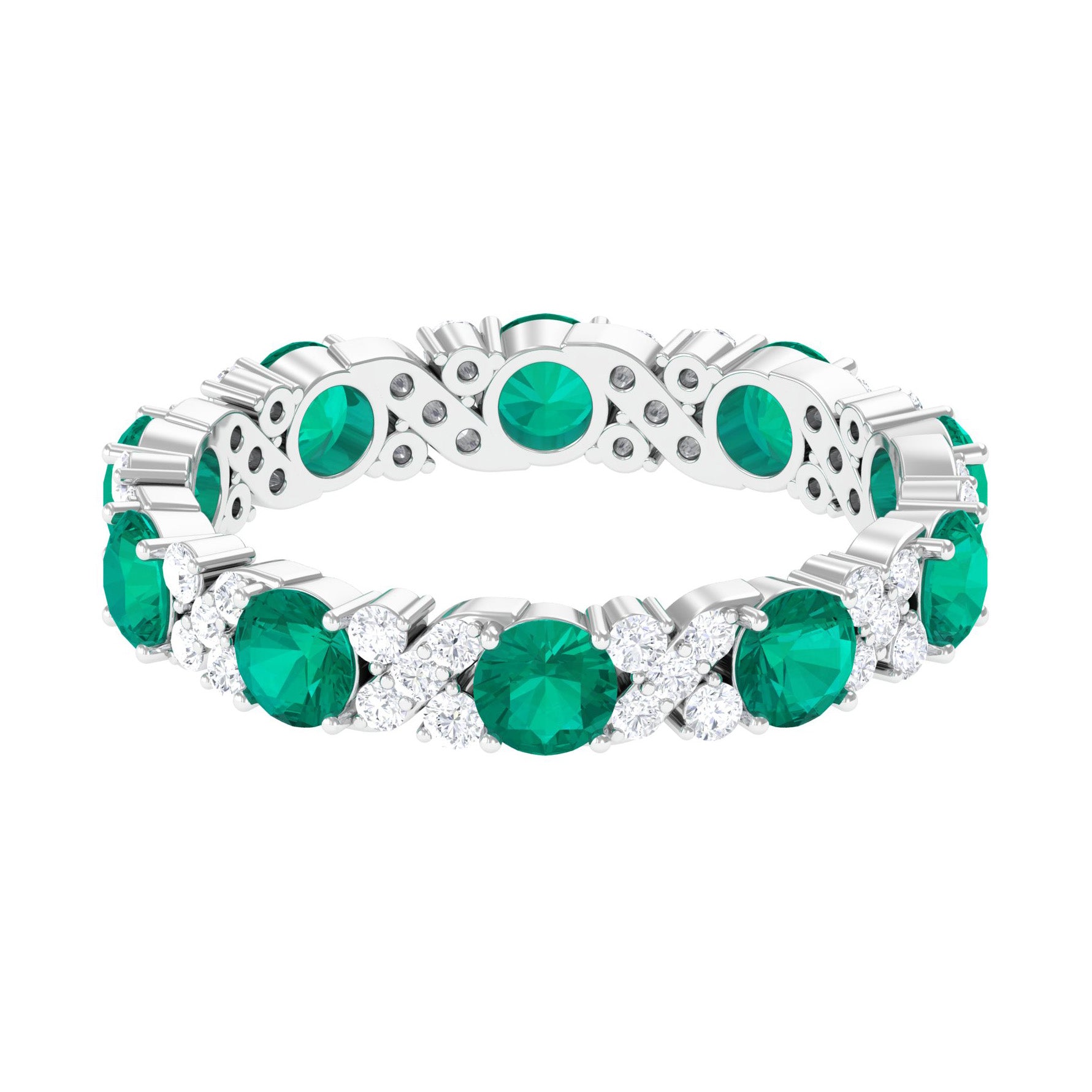 Round Shape Real Emerald Classic Eternity Band Ring with Moissanite Emerald - ( AAA ) - Quality - Rosec Jewels