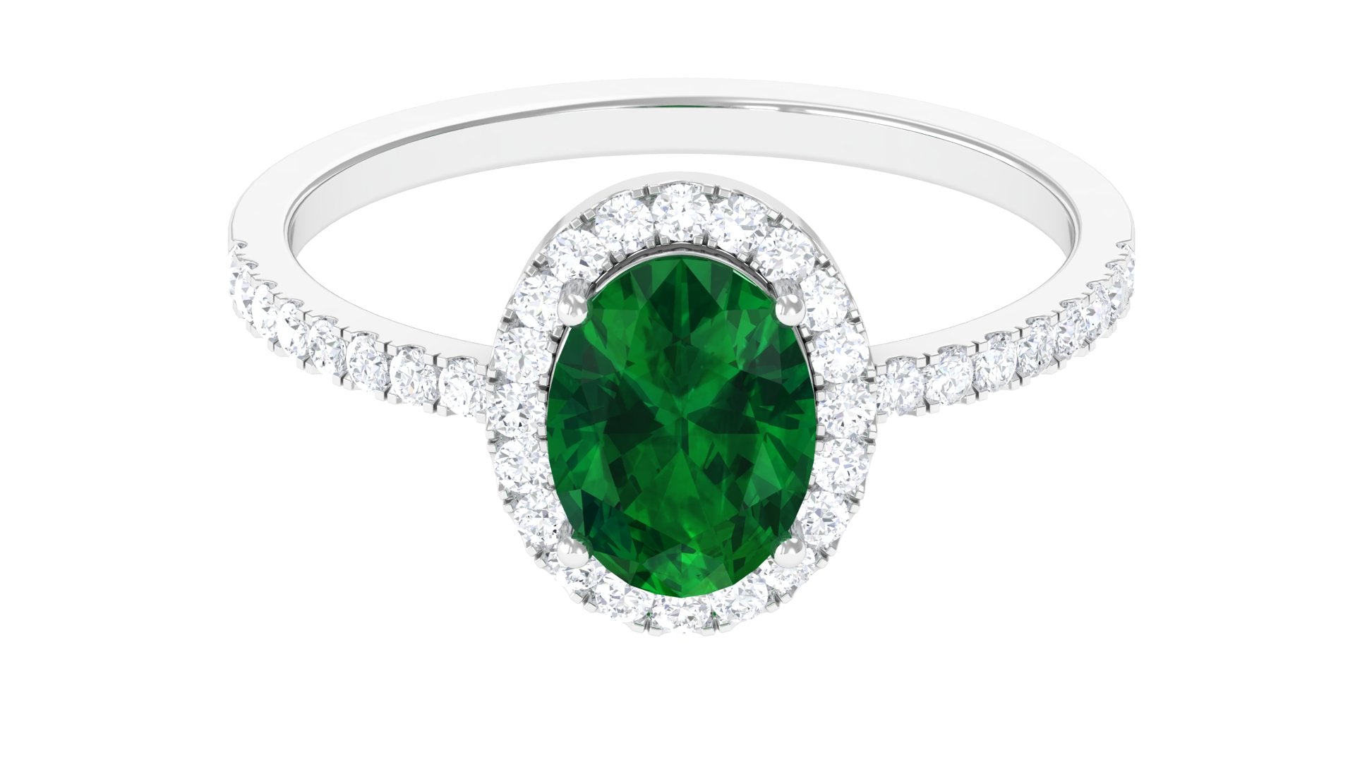 Oval Shape Lab Grown Emerald Engagement Ring with Diamond Halo Lab Created Emerald - ( AAAA ) - Quality - Rosec Jewels