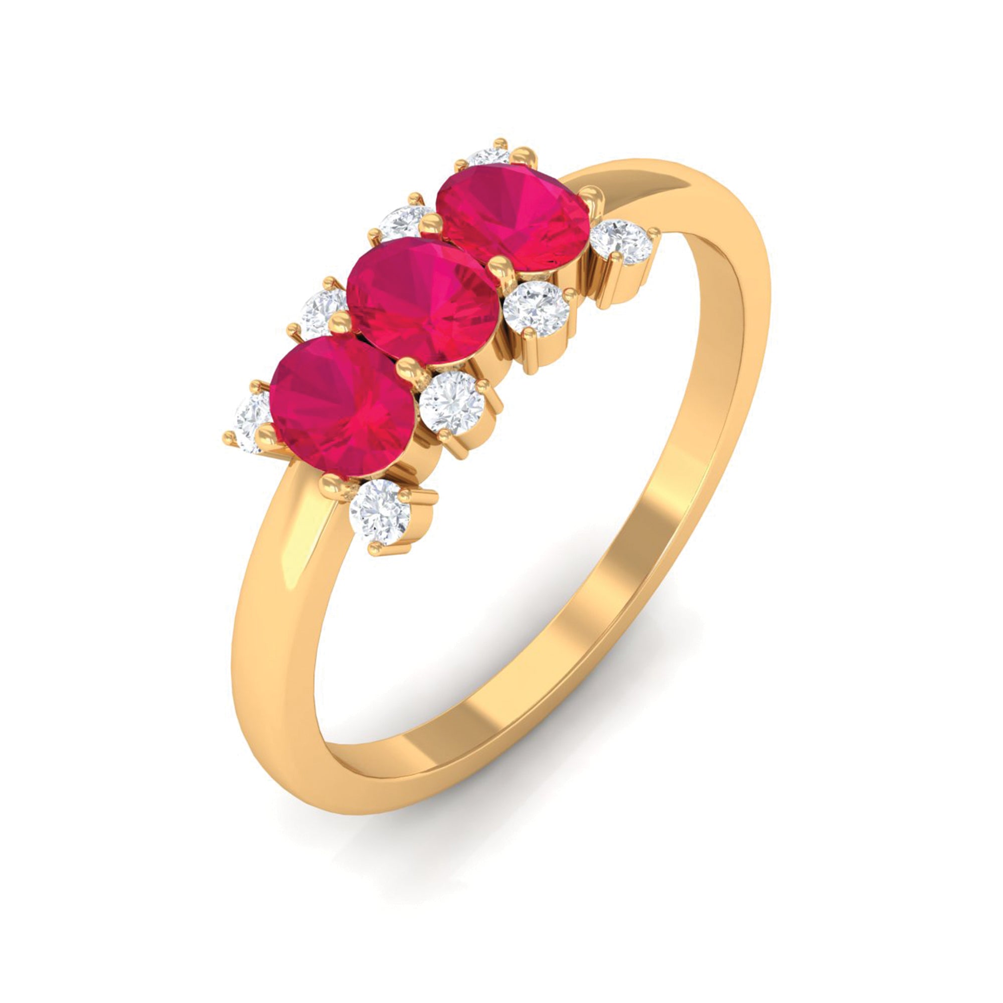 Oval Ruby Three Stone Promise Ring with Diamond Ruby - ( AAA ) - Quality - Rosec Jewels
