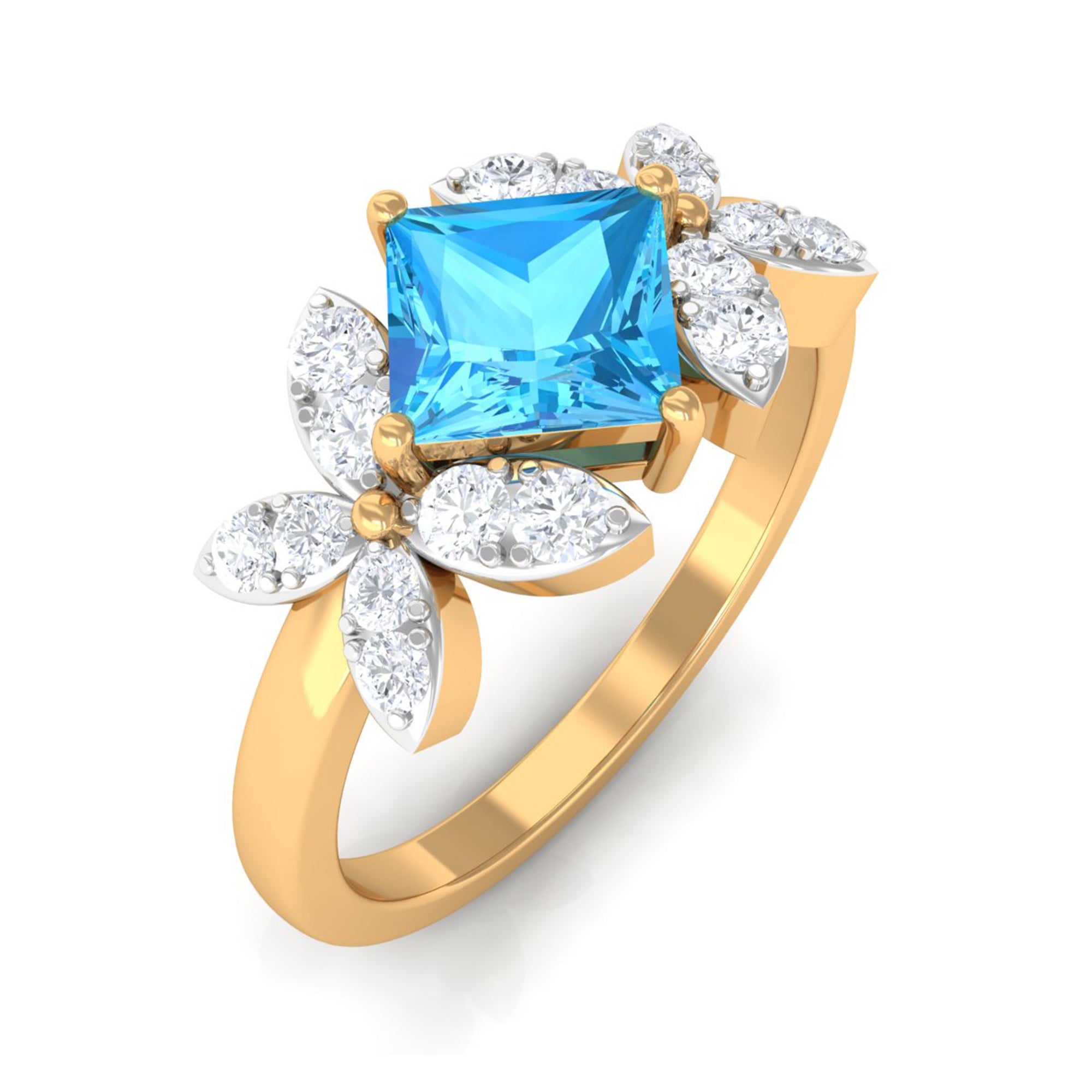 Floral Inspired Swiss Blue Topaz Engagement Ring with Diamond Swiss Blue Topaz - ( AAA ) - Quality - Rosec Jewels