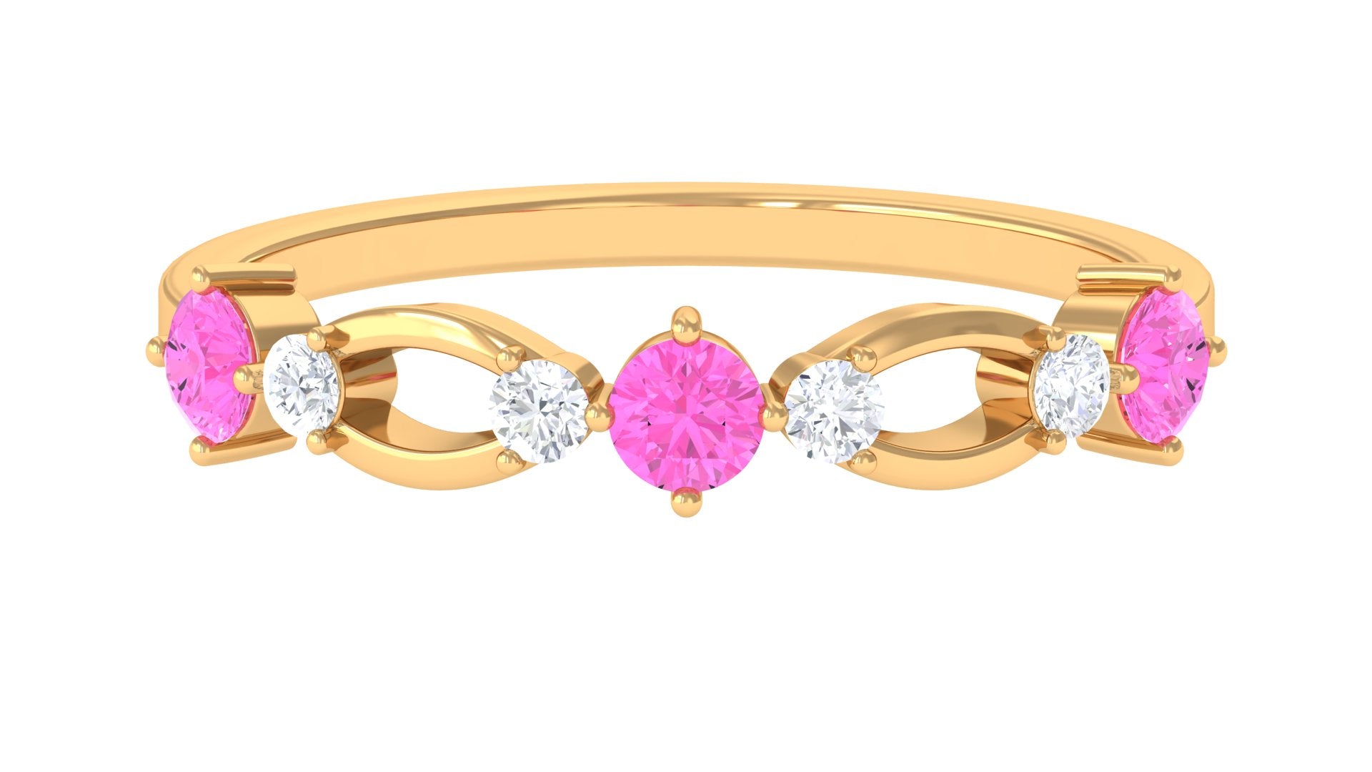 Minimal Pink Sapphire Half Eternity Band Ring with Diamond Pink Sapphire - ( AAA ) - Quality - Rosec Jewels