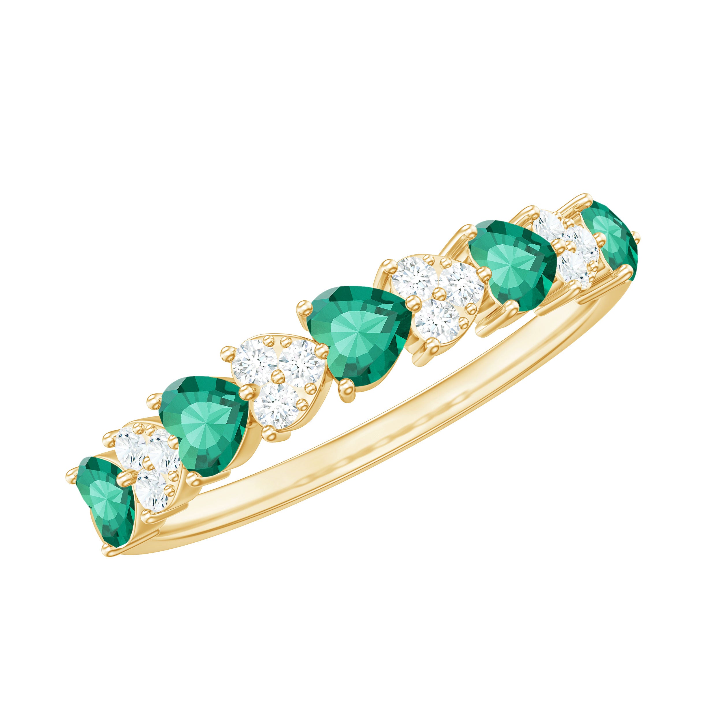Heart Shape Created Emerald and Diamond Half Eternity Ring Lab Created Emerald - ( AAAA ) - Quality - Rosec Jewels