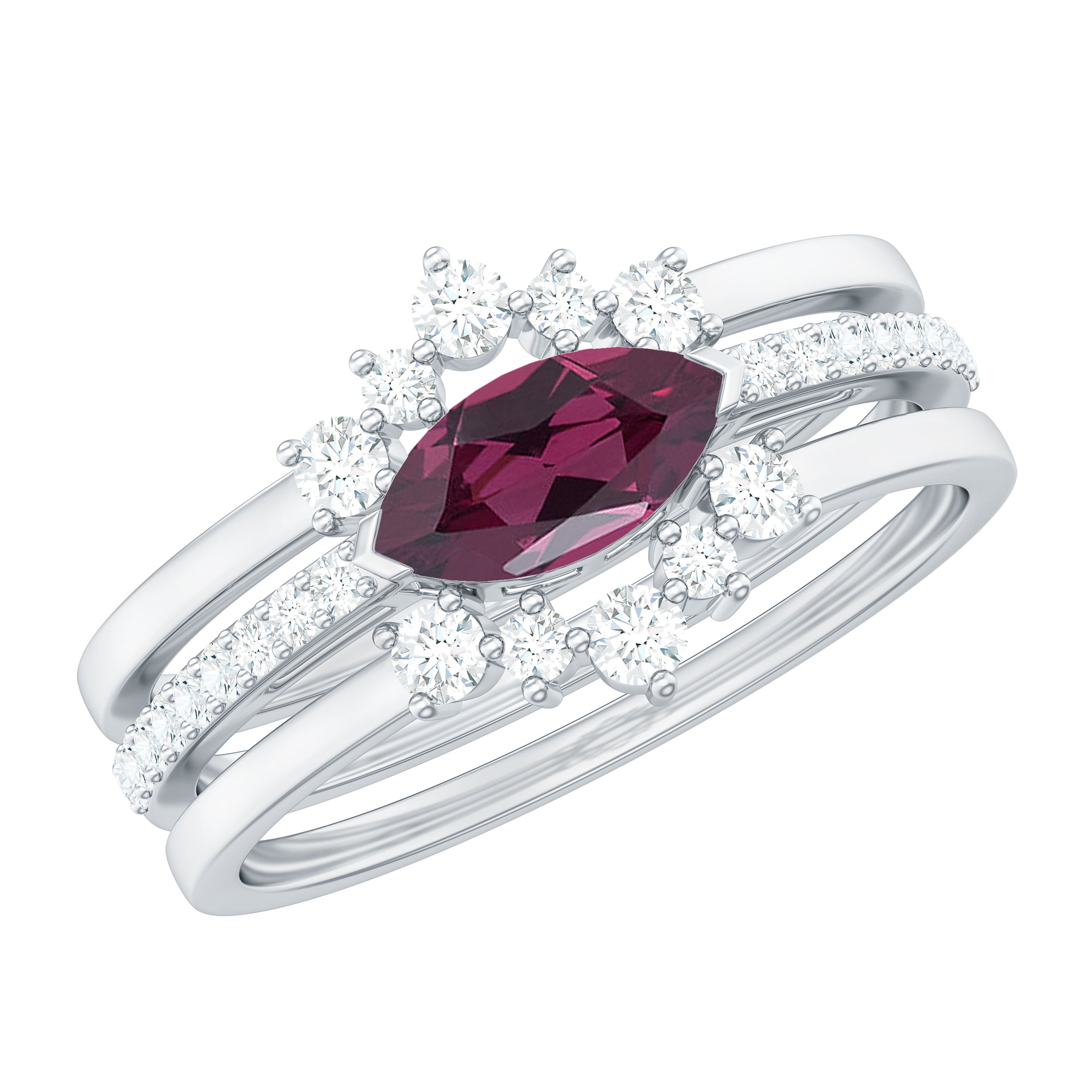1.50 CT Real Rhodolite and Diamond Stackable Ring Set Rhodolite - ( AAA ) - Quality - Rosec Jewels