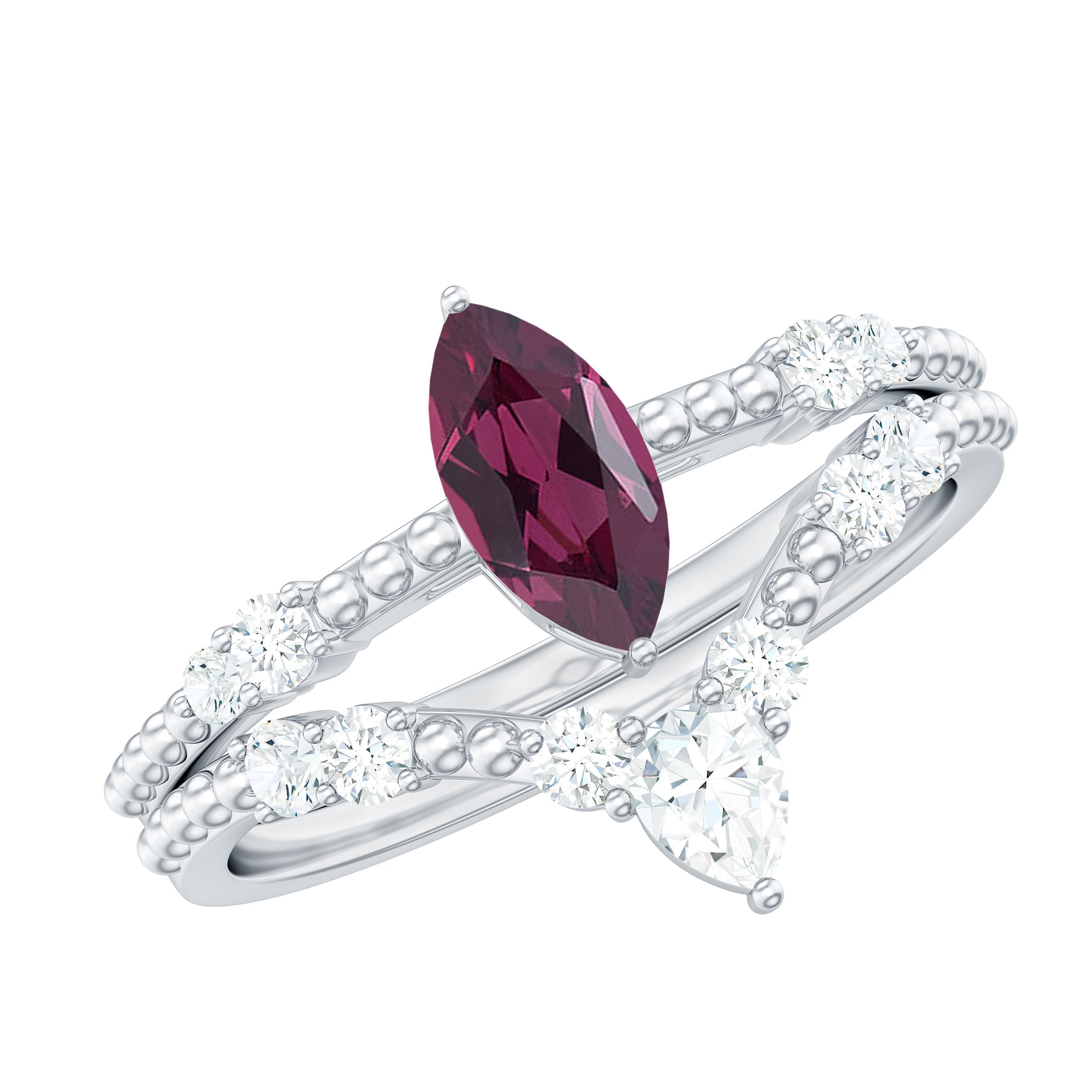 Natural Rhodolite Ring Set with Moissanite in Prong Setting Rhodolite - ( AAA ) - Quality - Rosec Jewels