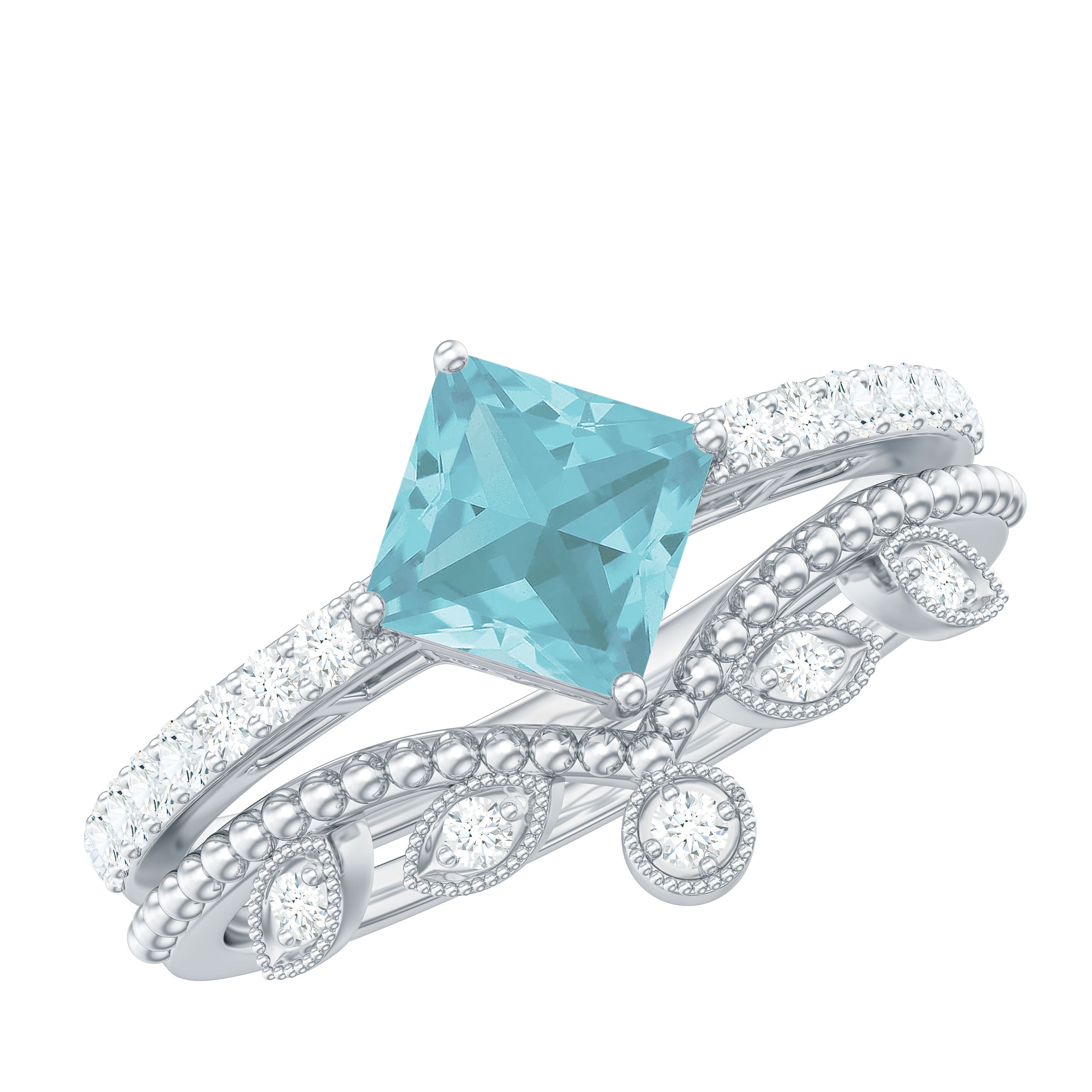 1.25 CT Princess Cut Sky Blue Topaz Vintage Ring Set with Diamond Sky Blue Topaz - ( AAA ) - Quality - Rosec Jewels