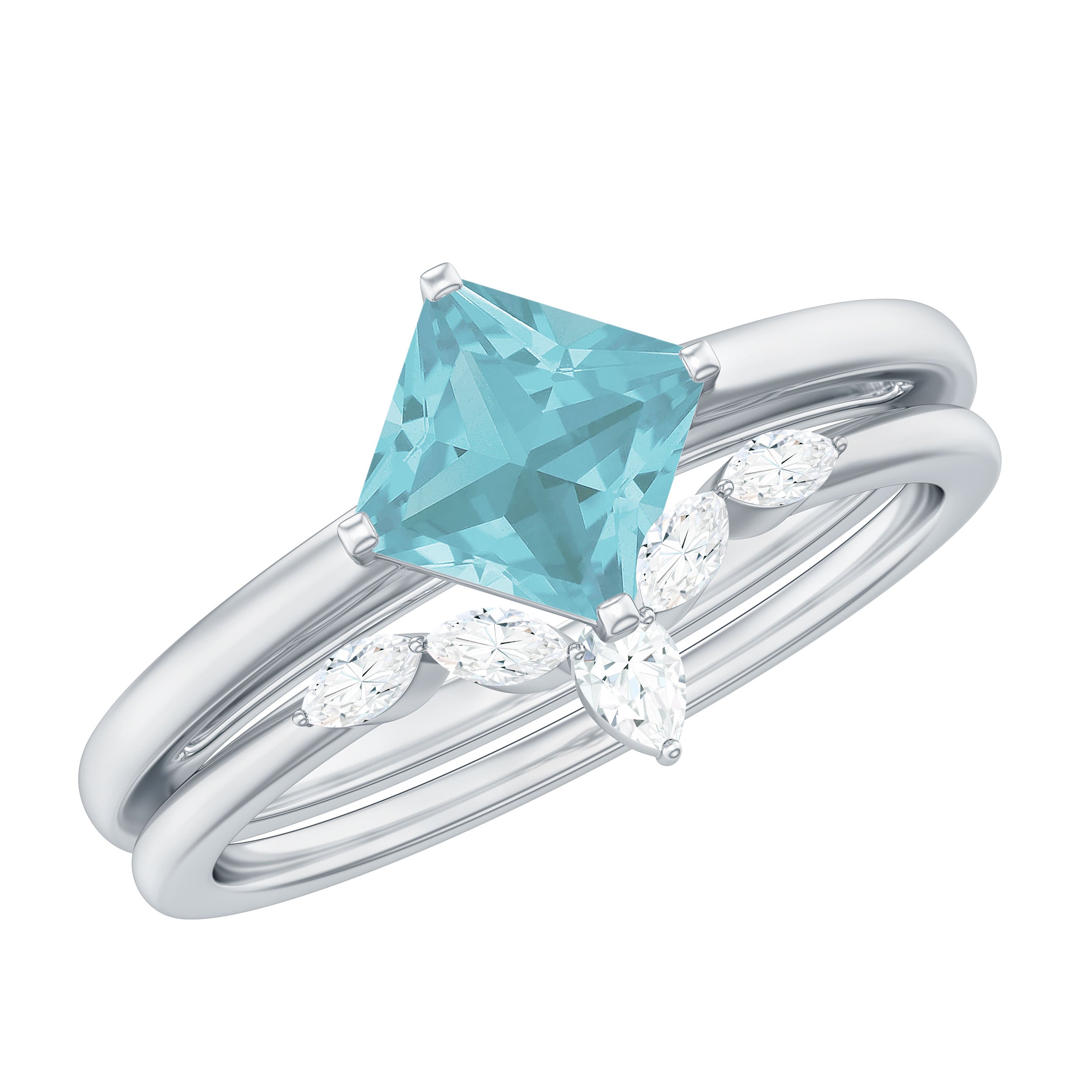 1 CT Princess Cut Sky Blue Topaz and Diamond Solitaire Ring Set Sky Blue Topaz - ( AAA ) - Quality - Rosec Jewels