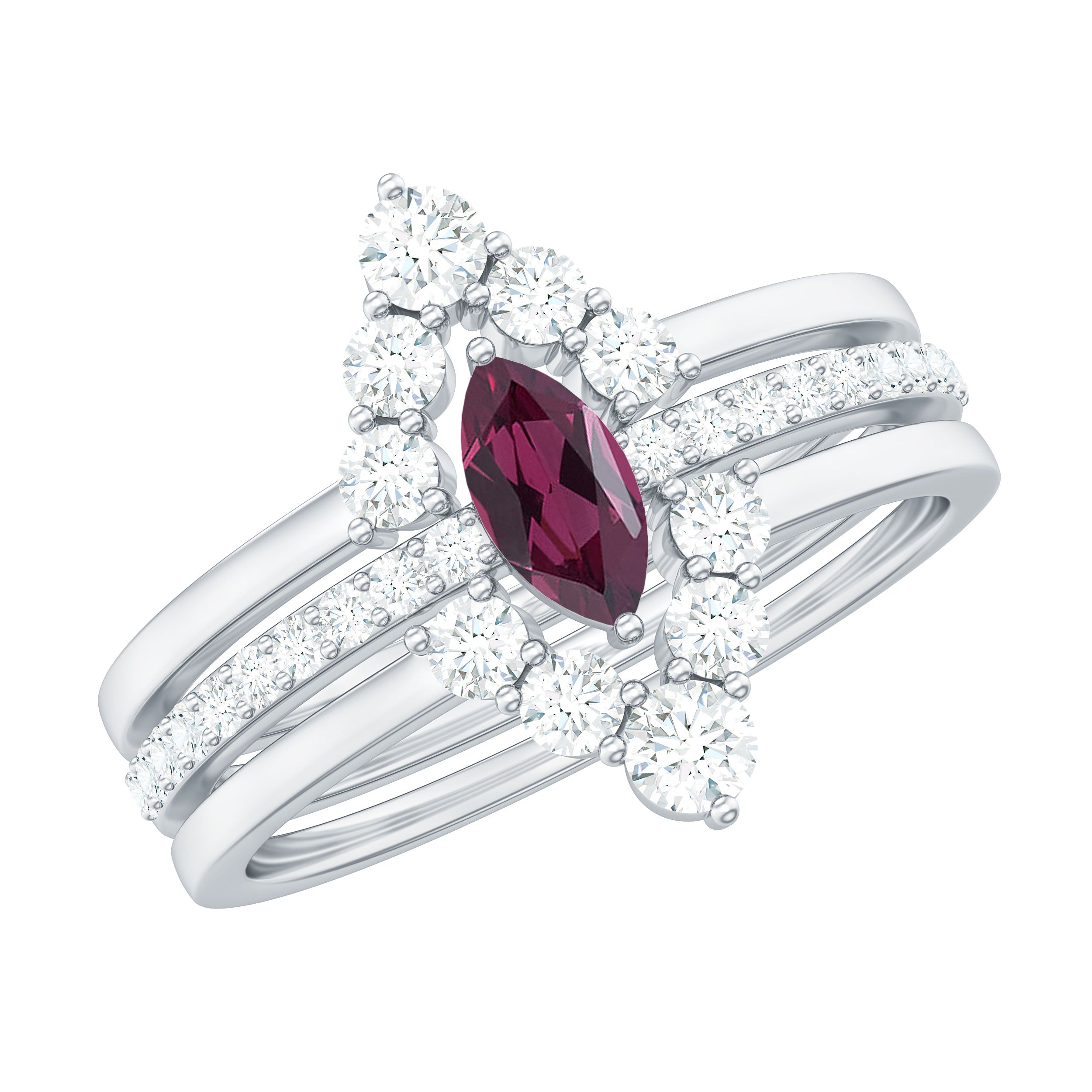 1.25 CT Marquise Cut Rhodolite Solitaire Trio Ring Set with Moissanite Rhodolite - ( AAA ) - Quality - Rosec Jewels