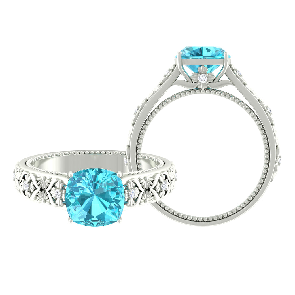 Cushion Cut Swiss Blue Topaz Solitaire Ring with Diamond Swiss Blue Topaz - ( AAA ) - Quality - Rosec Jewels